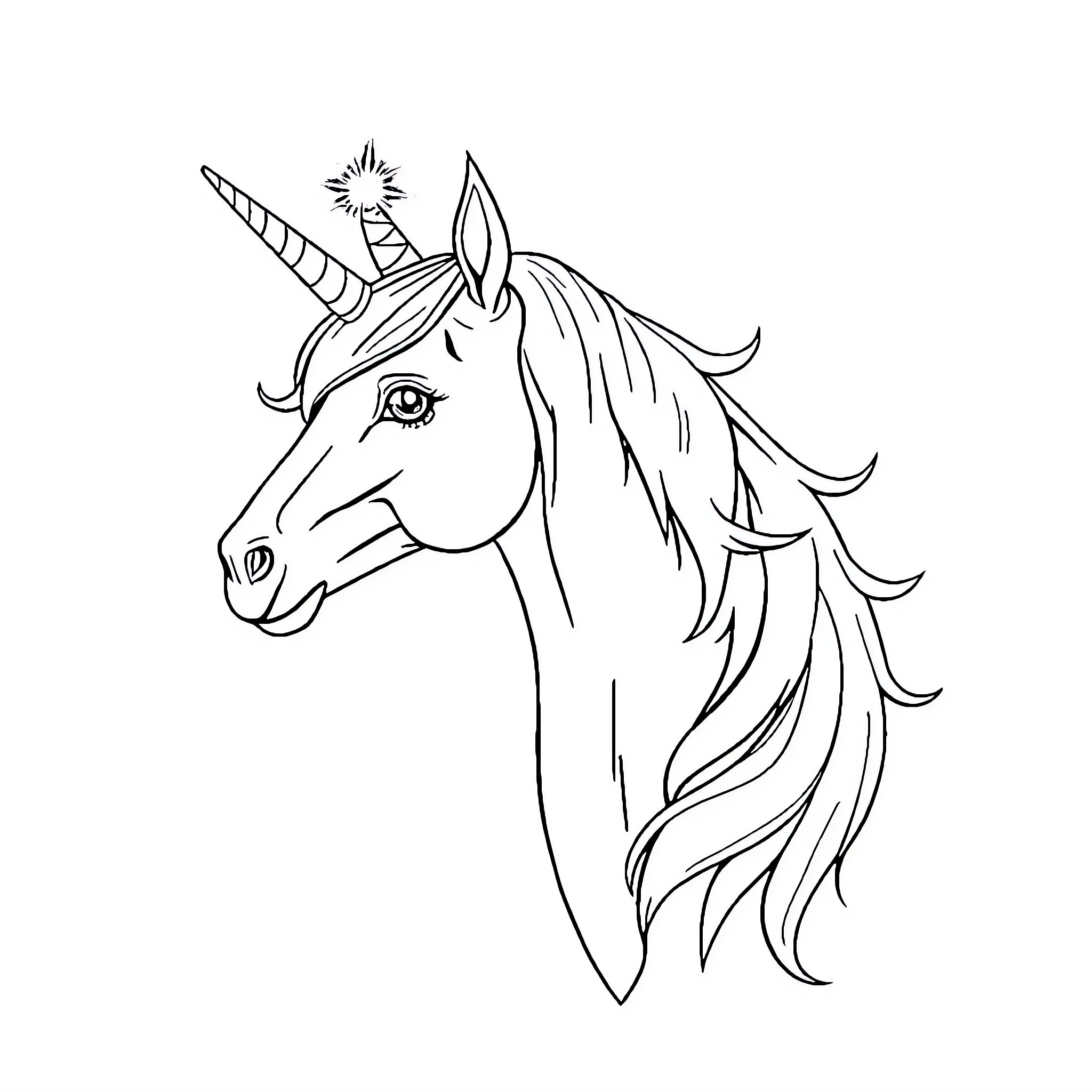Unicorn with Flowing Mane and Horn Coloring Page (free black-and-white line drawing printable PDF for all, from beginners to advanced learners, including children, teens, adults, and seniors)