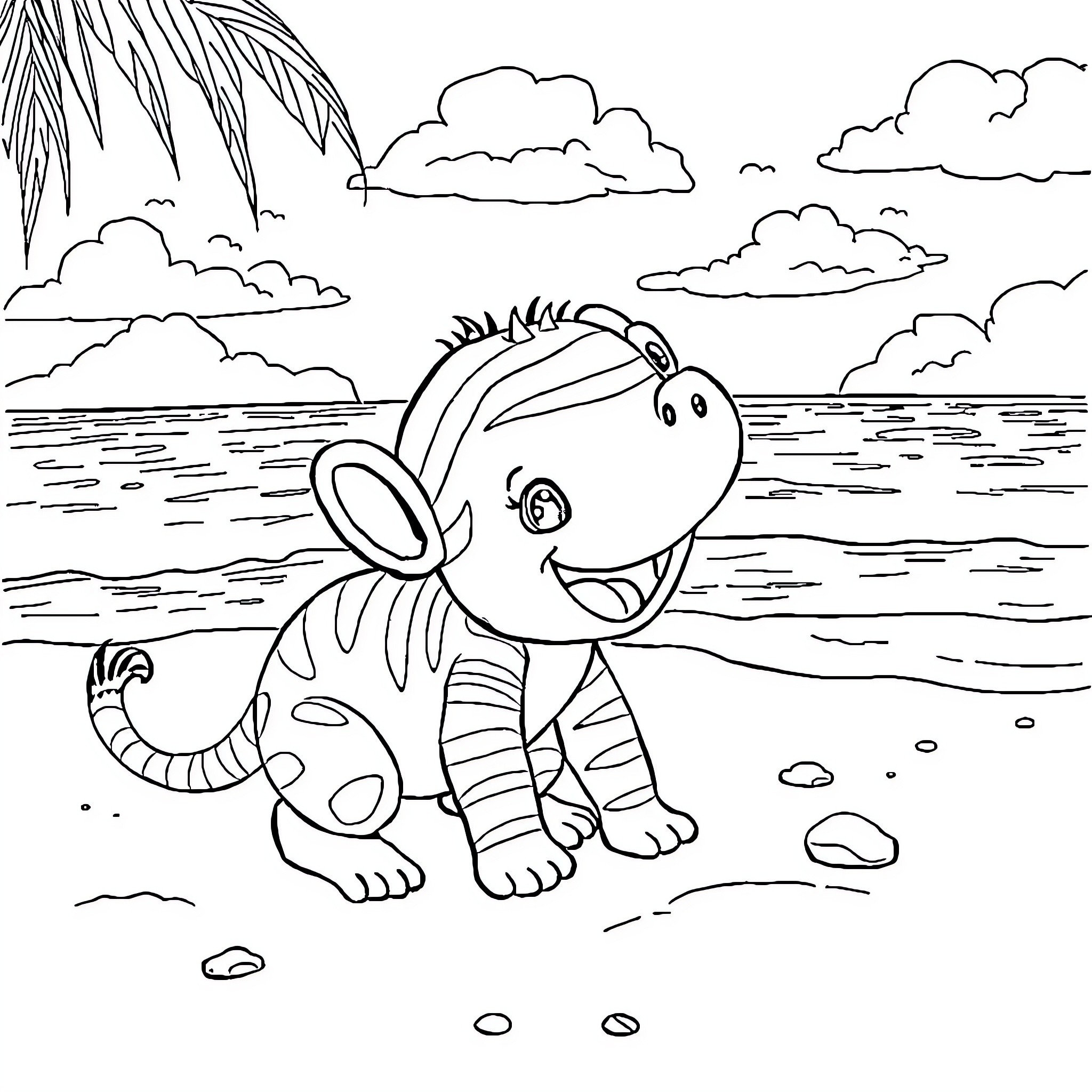 Labubu the Playful Zebra on the Beach Coloring Page (free black-and-white line drawing printable PDF for all, from beginners to advanced learners, including children, teens, adults, and seniors)