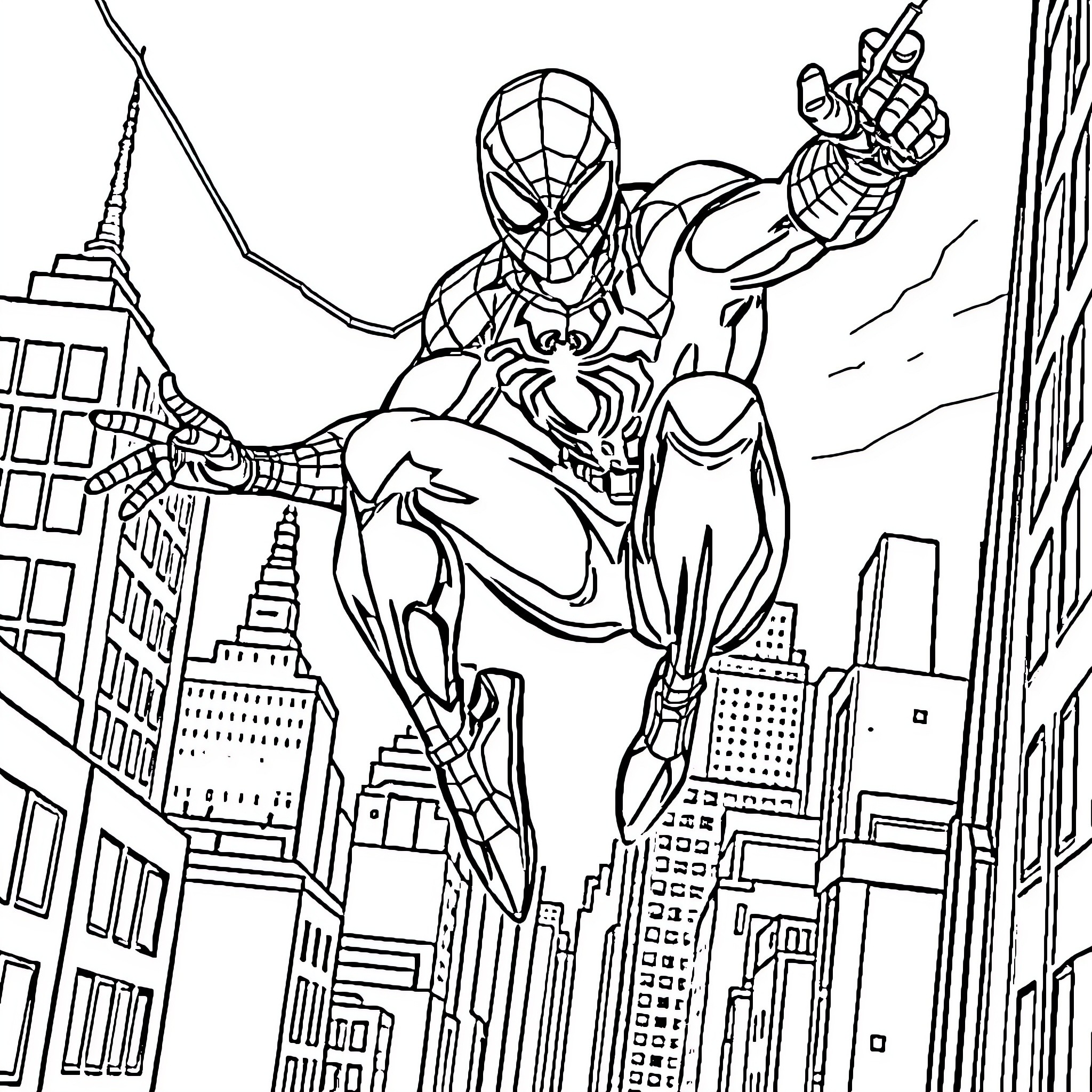 Spiderman swinging through the city skyline Coloring Page (free black-and-white line drawing printable PDF for all, from beginners to advanced learners, including children, teens, adults, and seniors)