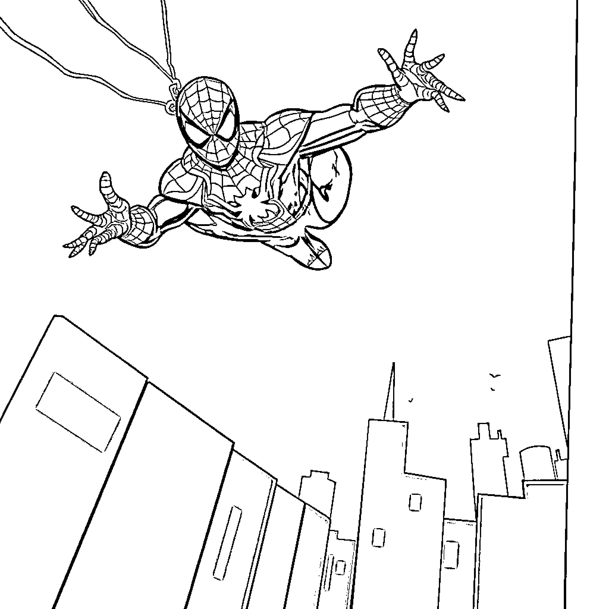 Superman swinging through the city skyline Coloring Page (free black-and-white line drawing printable PDF for all, from beginners to advanced learners, including children, teens, adults, and seniors)