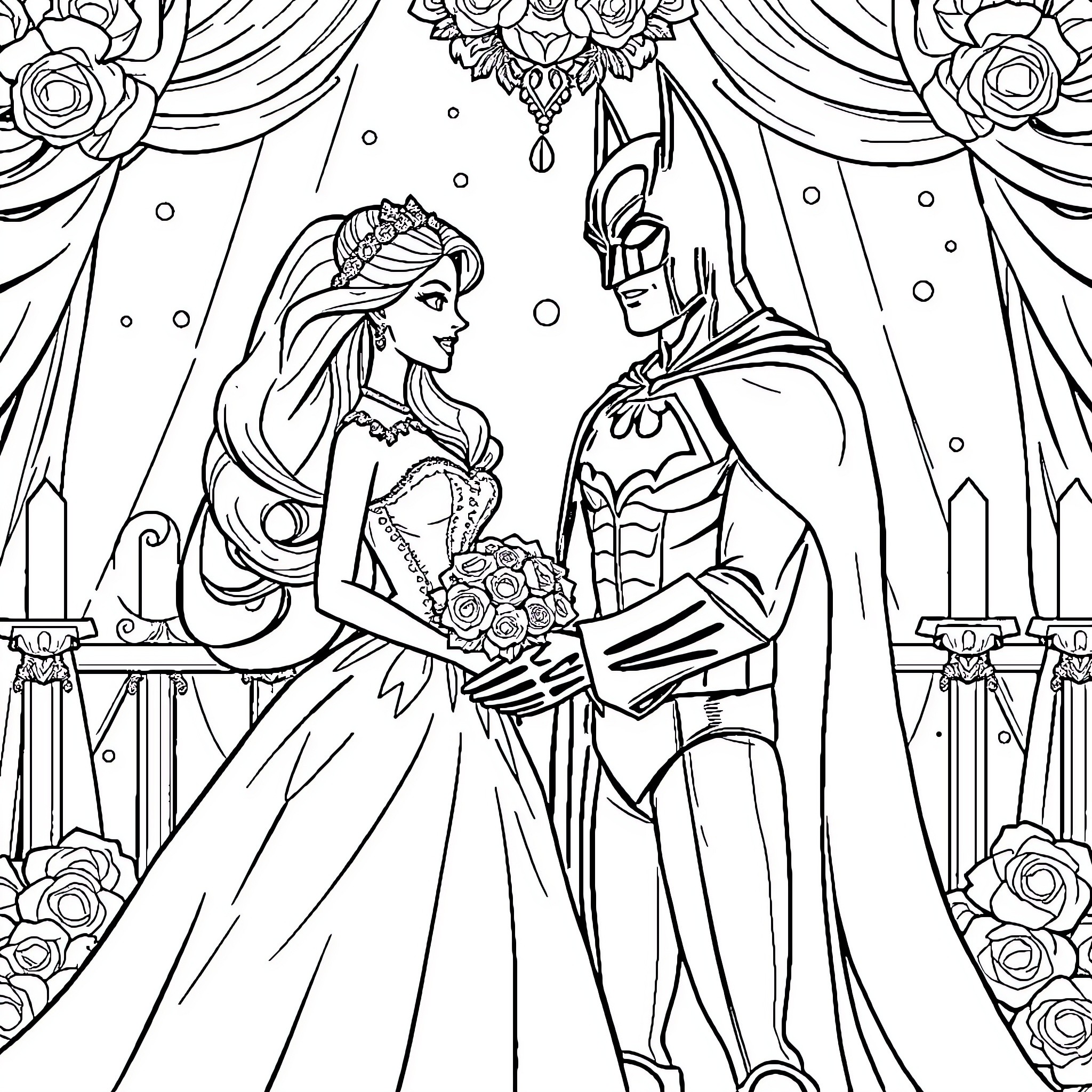 Barbie and Batman's Elegant Wedding Ceremony Coloring Page (free black-and-white line drawing printable PDF for all, from beginners to advanced learners, including children, teens, adults, and seniors)
