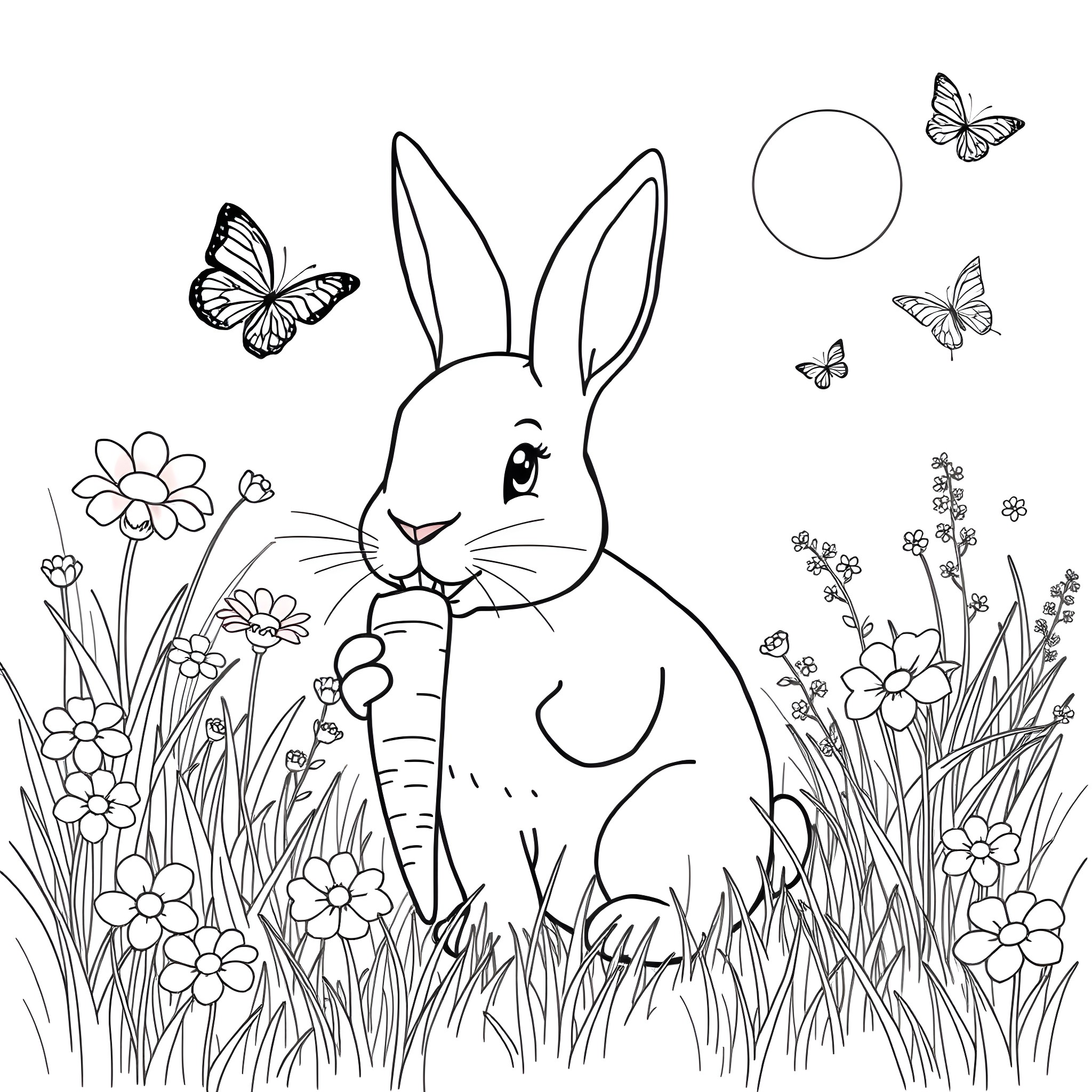 Bunny enjoying a serene garden scene Coloring Page (free black-and-white line drawing printable PDF for all, from beginners to advanced learners, including children, teens, adults, and seniors)