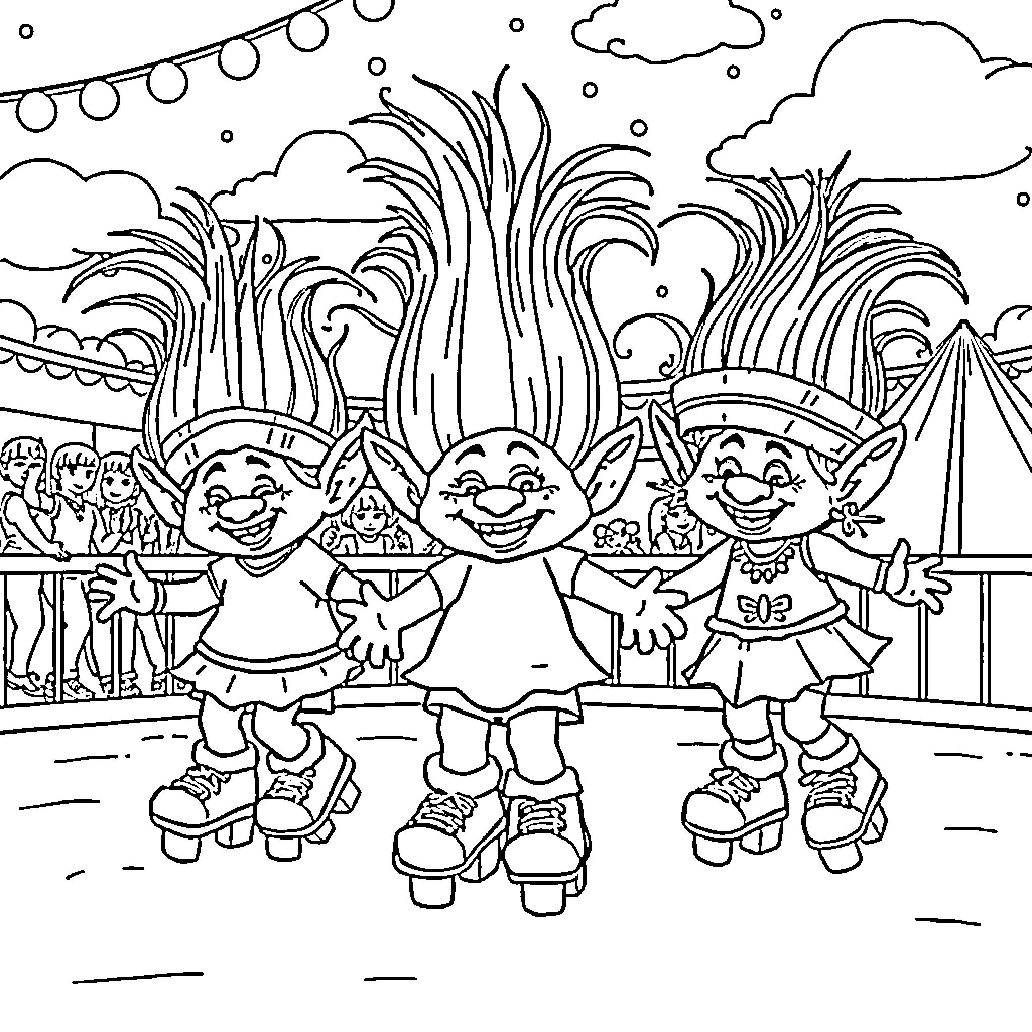 Troll friends having fun at the carnival Coloring Page (free black-and-white line drawing printable PDF for all, from beginners to advanced learners, including children, teens, adults, and seniors)