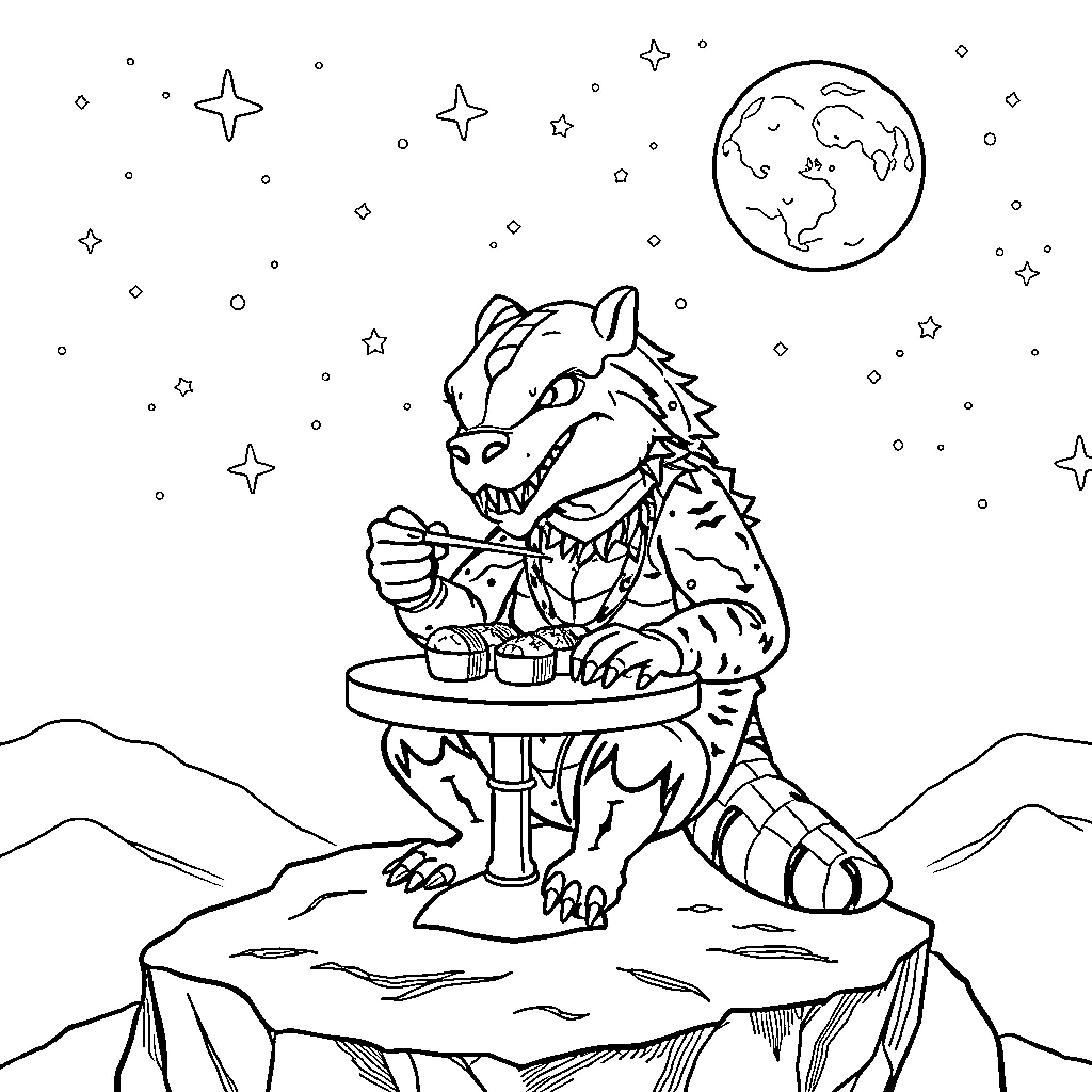 Predator enjoying a midnight snack under the stars Coloring Page (free black-and-white line drawing printable PDF for all, from beginners to advanced learners, including children, teens, adults, and seniors)