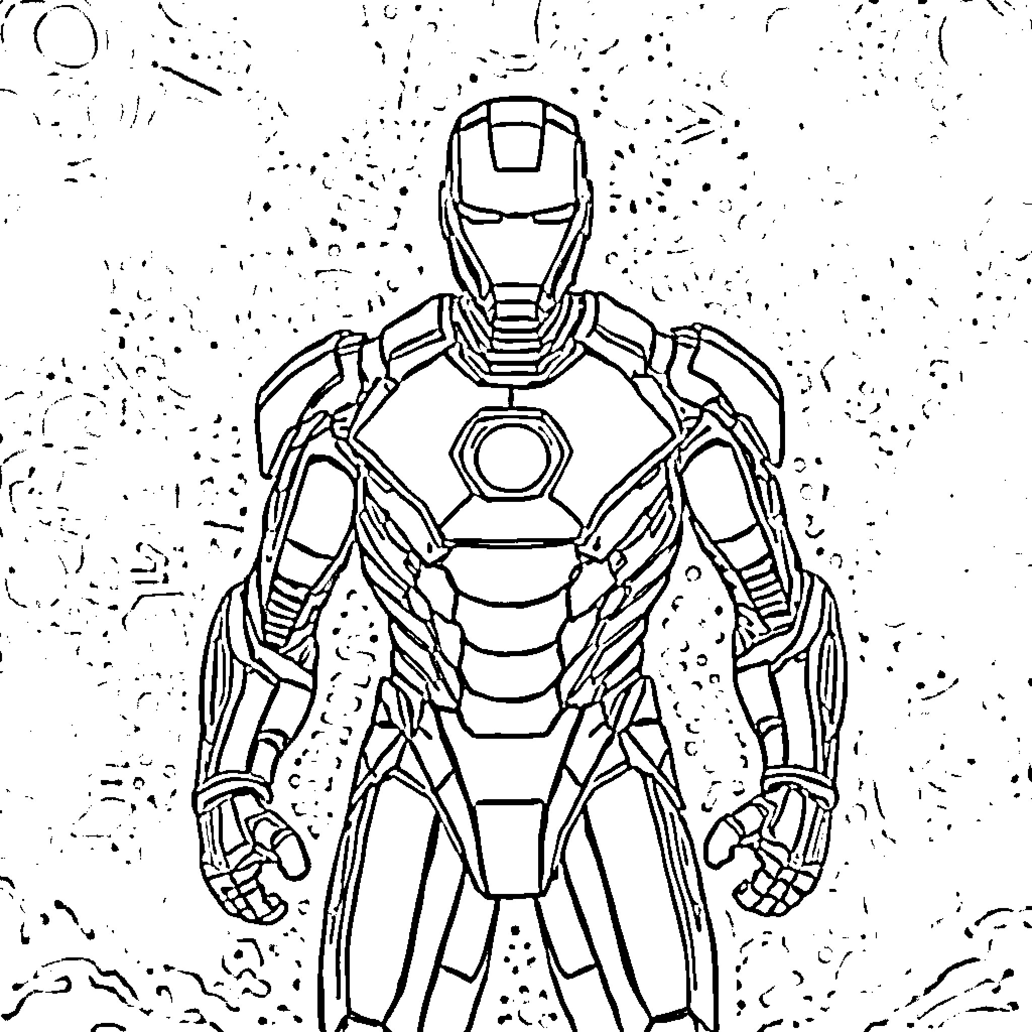 Iron Man in Action Pose with Detailed Suit Coloring Page (free black-and-white line drawing printable PDF for all, from beginners to advanced learners, including children, teens, adults, and seniors)