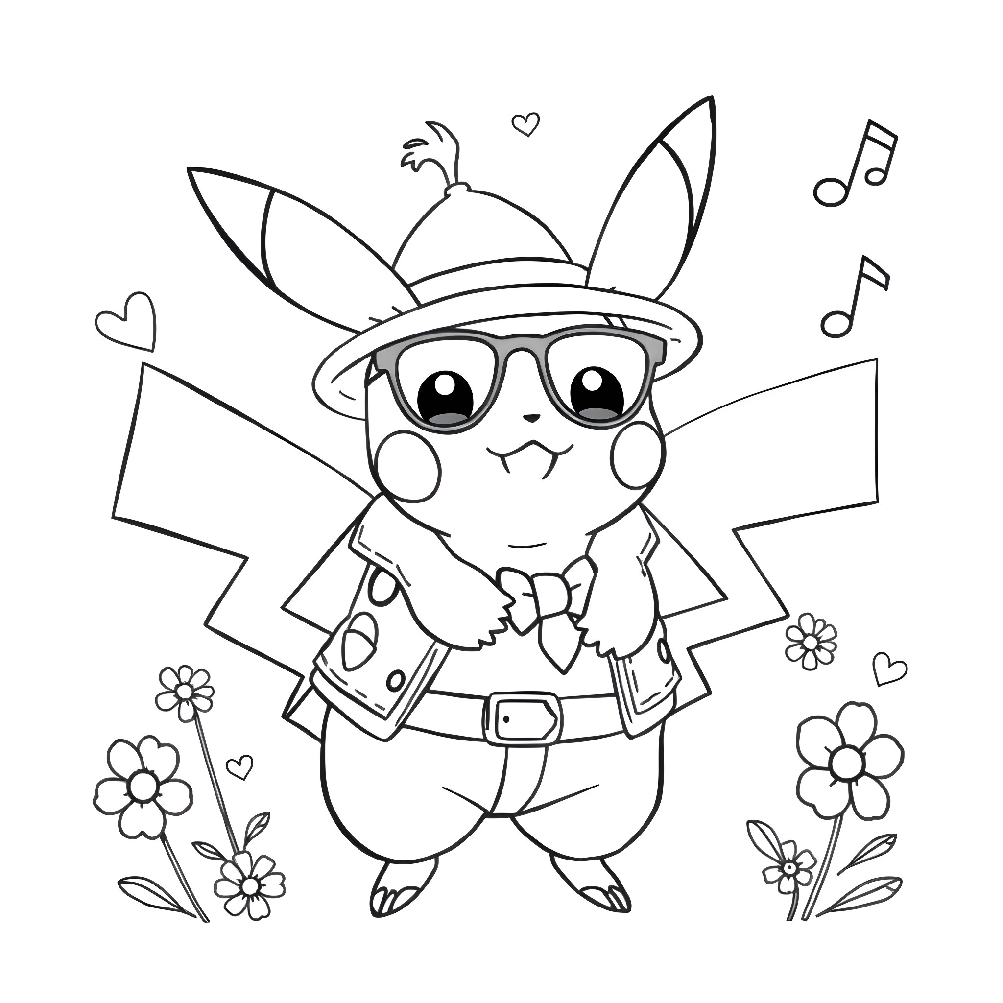 Pikachu dressed as a musical explorer with flowers Coloring Page (free black-and-white line drawing printable PDF for all, from beginners to advanced learners, including children, teens, adults, and seniors)