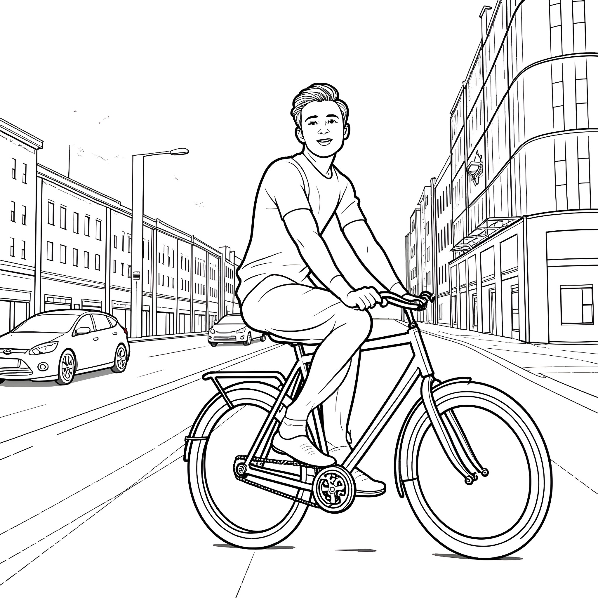 Stevie riding a bicycle on a city street Coloring Page (free black-and-white line drawing printable PDF for all, from beginners to advanced learners, including children, teens, adults, and seniors)