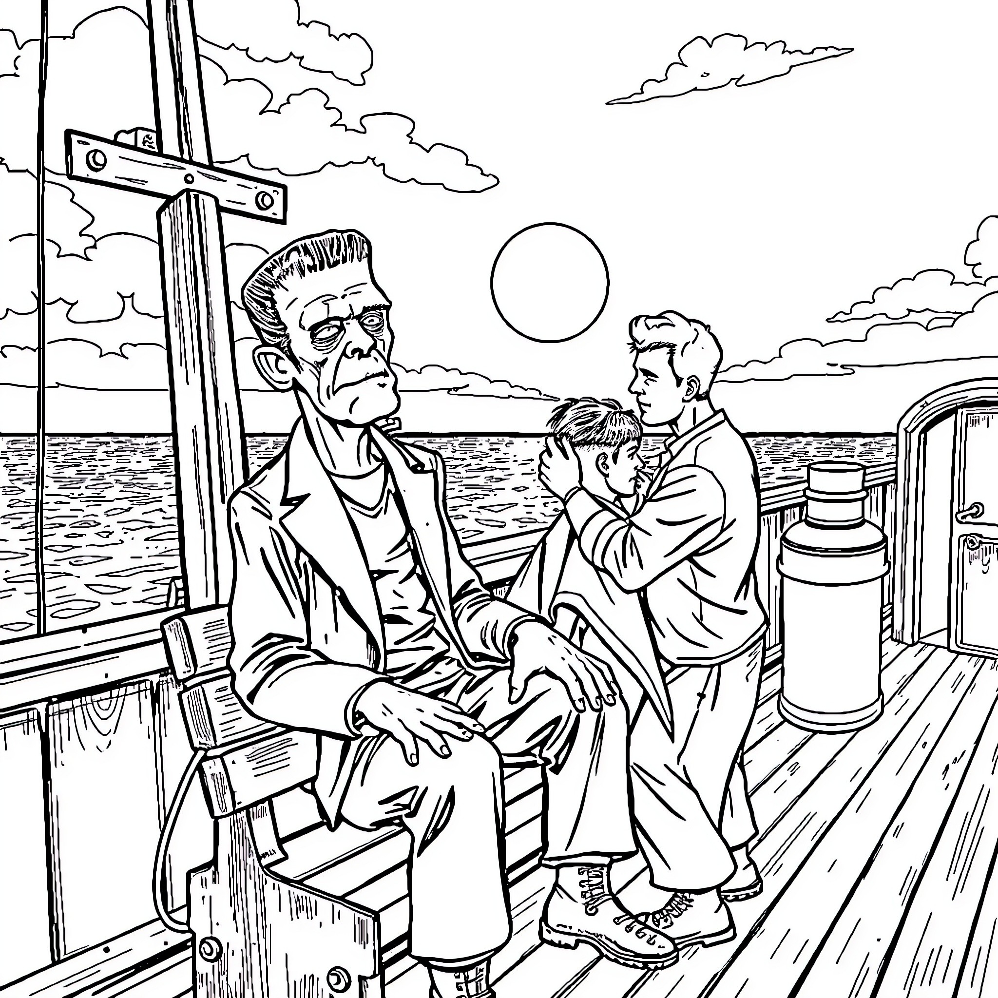 Frankenstein's Monster and Scientist on Boat at Sea Coloring Page (free black-and-white line drawing printable PDF for all, from beginners to advanced learners, including children, teens, adults, and seniors)