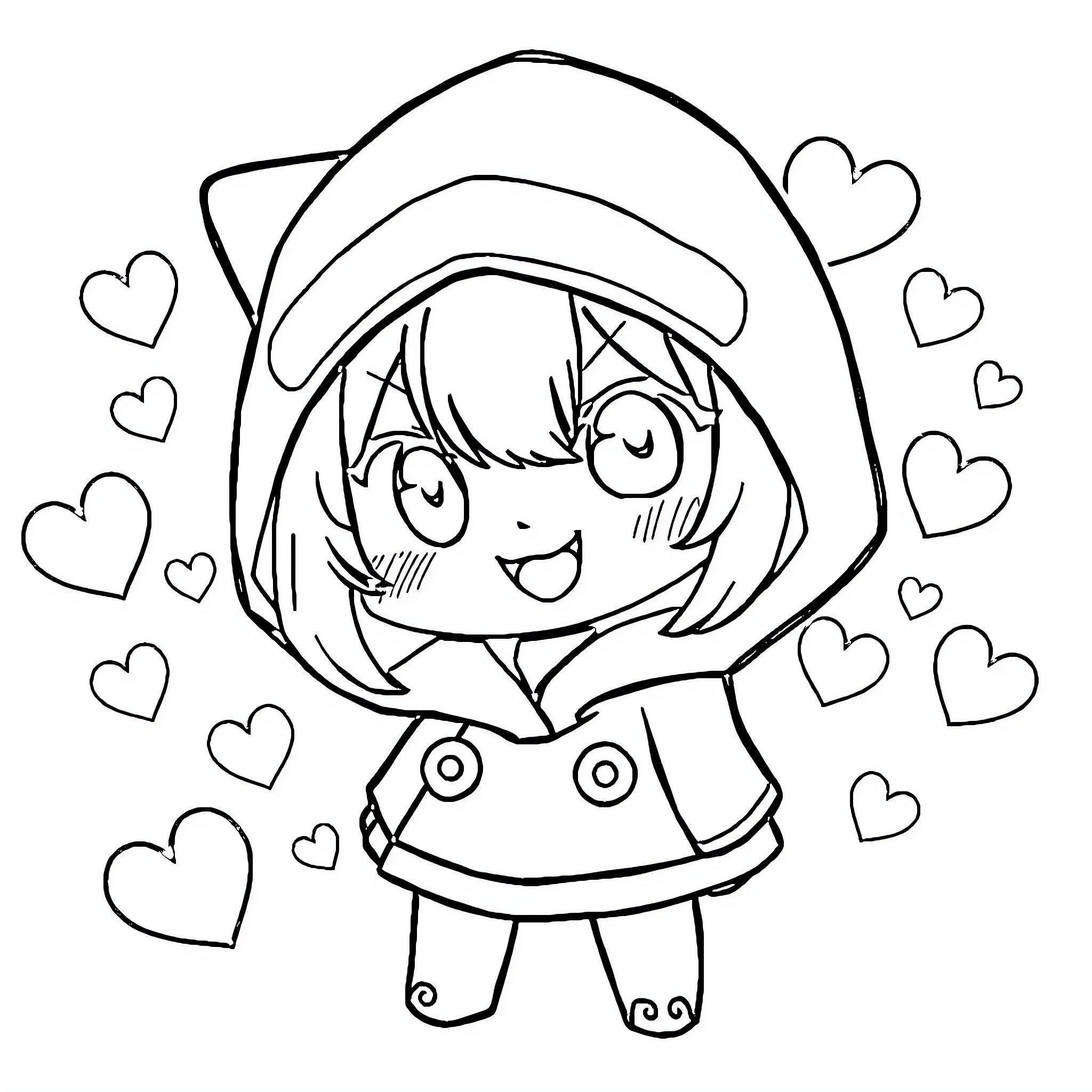 Kuromi smiling happily with heart decorations Coloring Page (free black-and-white line drawing printable PDF for all, from beginners to advanced learners, including children, teens, adults, and seniors)