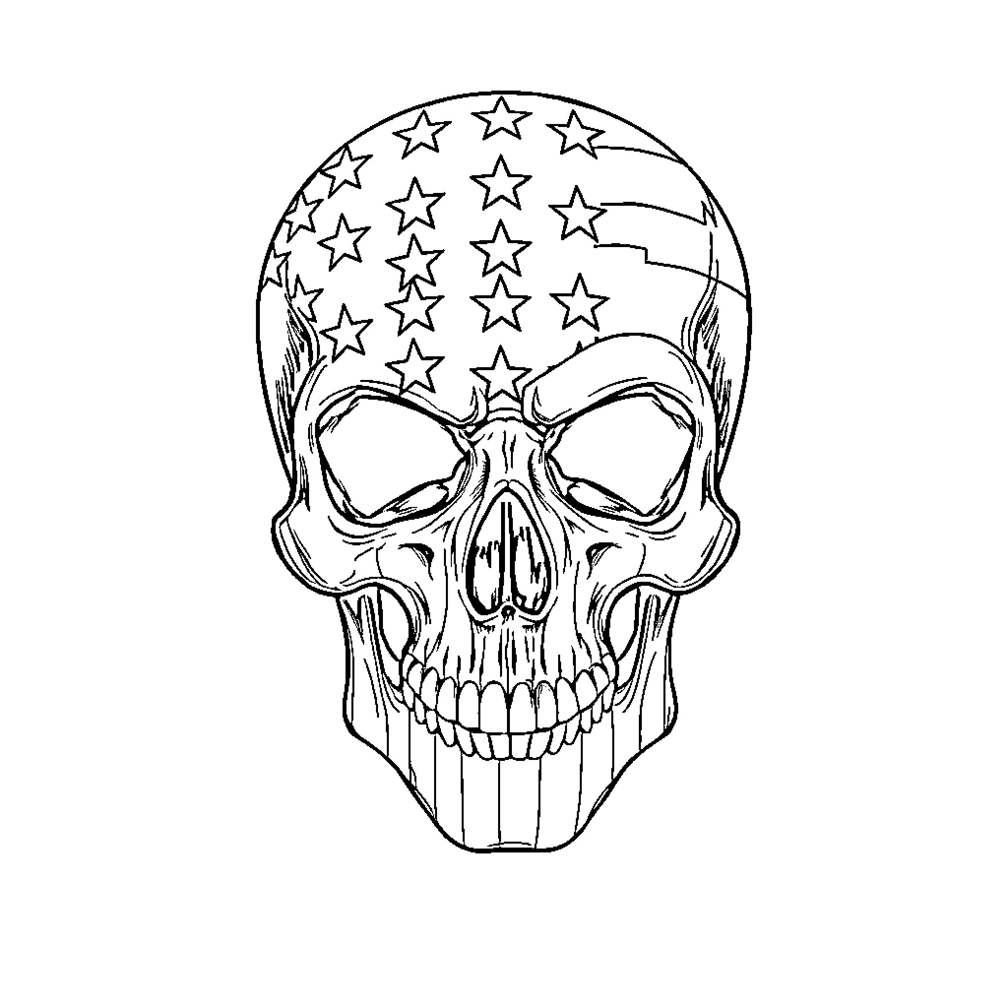 Skull with Starry Backdrop Coloring Page (free black-and-white line drawing printable PDF for all, from beginners to advanced learners, including children, teens, adults, and seniors)