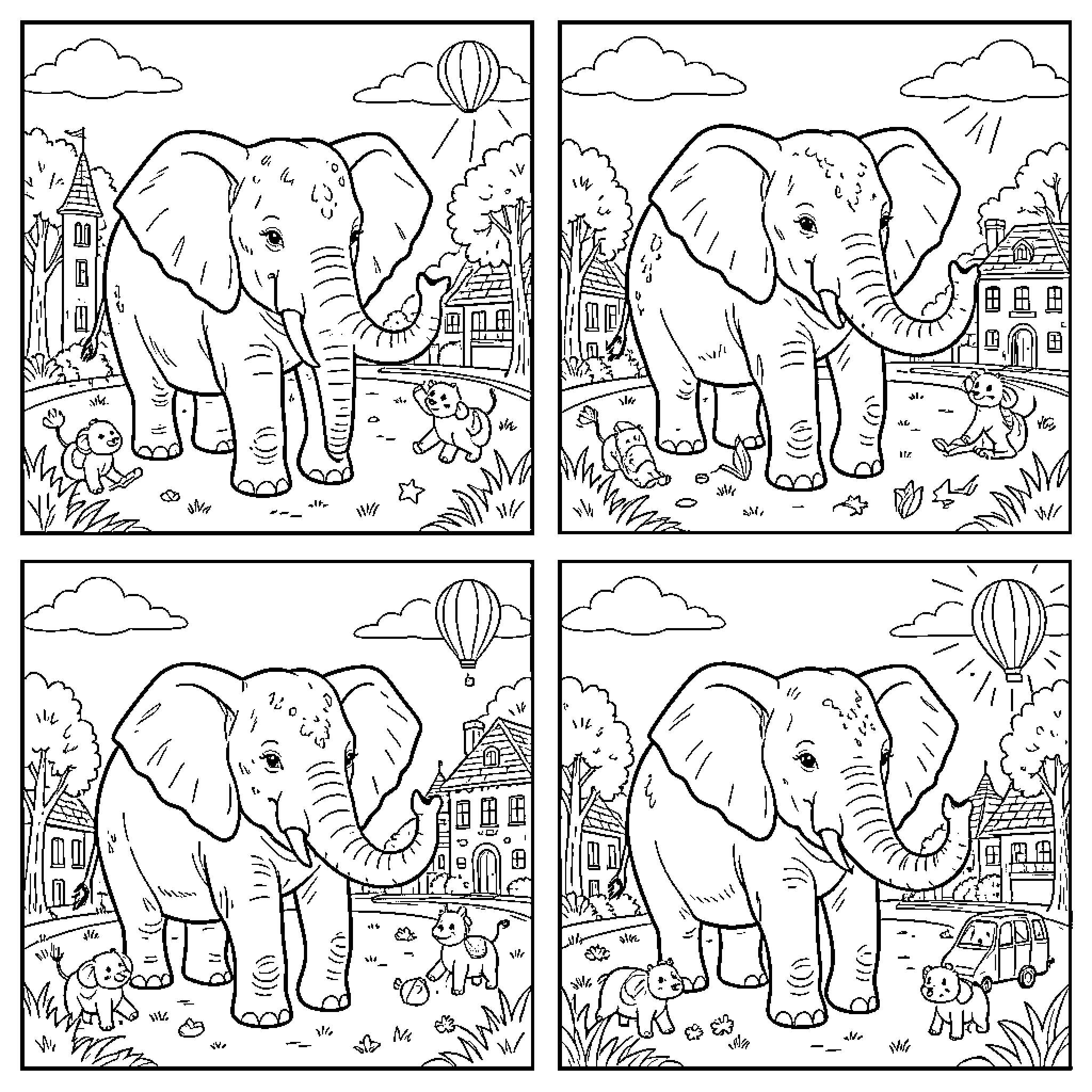 Elephants exploring a city scene Coloring Page (free black-and-white line drawing printable PDF for all, from beginners to advanced learners, including children, teens, adults, and seniors)