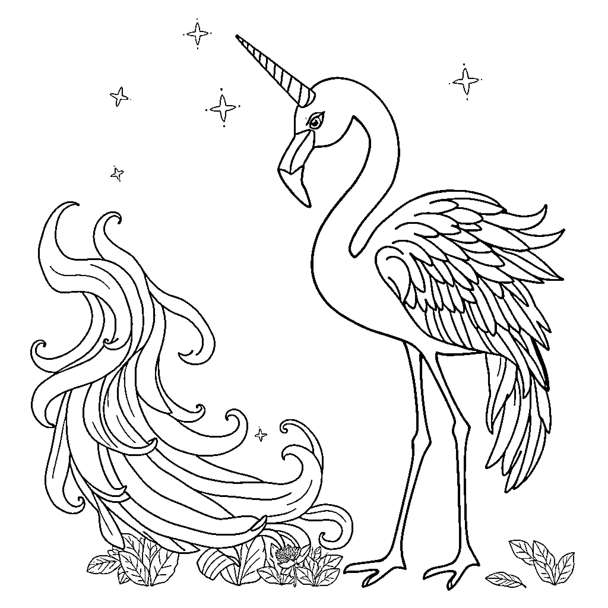 Flamingo with Flowing Feathers Amid Cosmic Backdrop Coloring Page (free black-and-white line drawing printable PDF for all, from beginners to advanced learners, including children, teens, adults, and seniors)