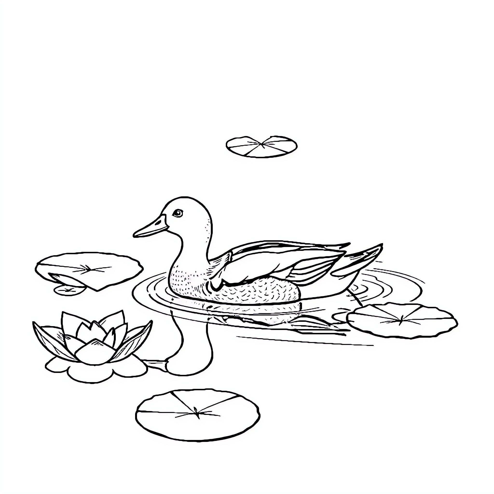 Duck swimming gracefully in a pond Coloring Page (free black-and-white line drawing printable PDF for all, from beginners to advanced learners, including children, teens, adults, and seniors)
