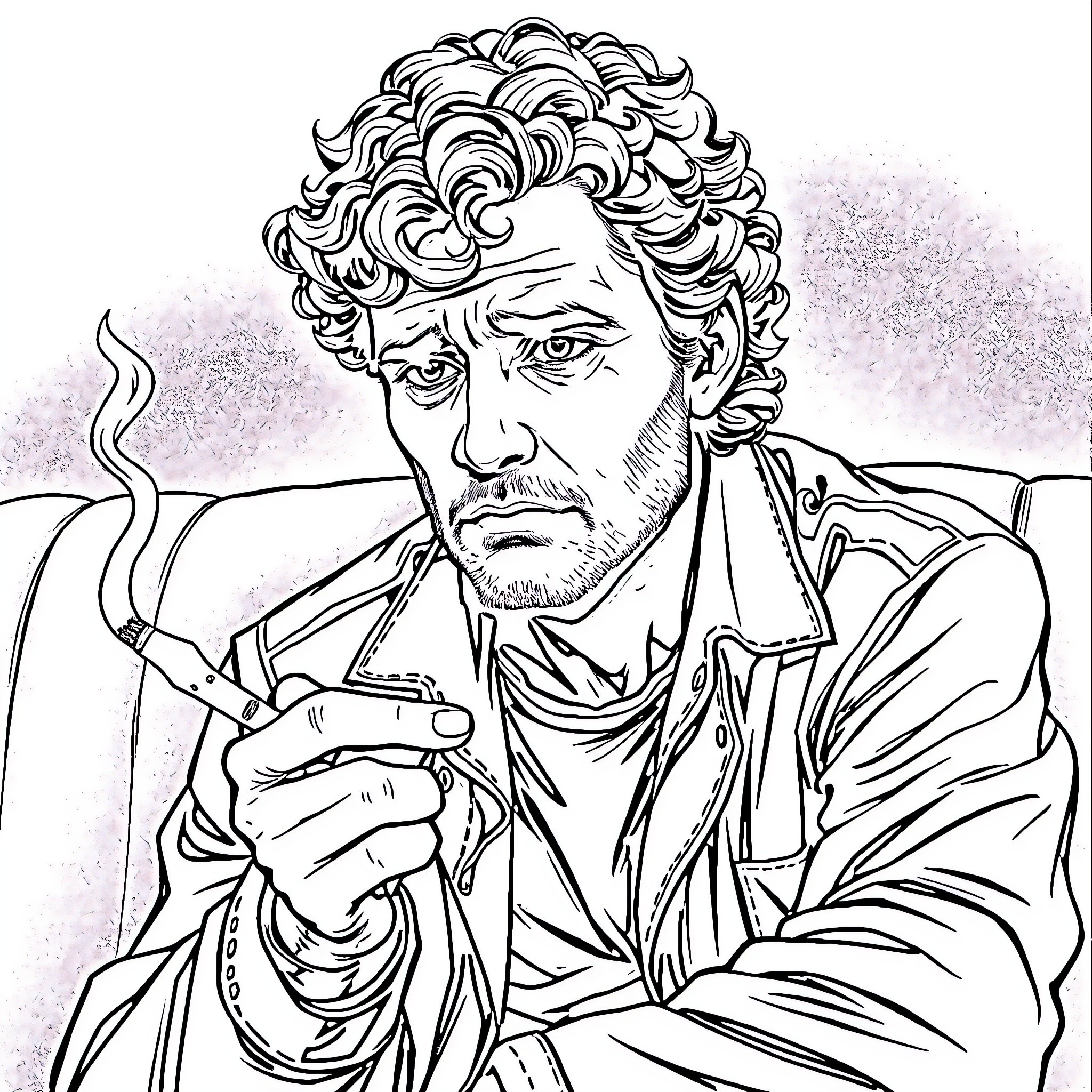 Man smoking thoughtfully in a contemplative pose Coloring Page (free black-and-white line drawing printable PDF for all, from beginners to advanced learners, including children, teens, adults, and seniors)