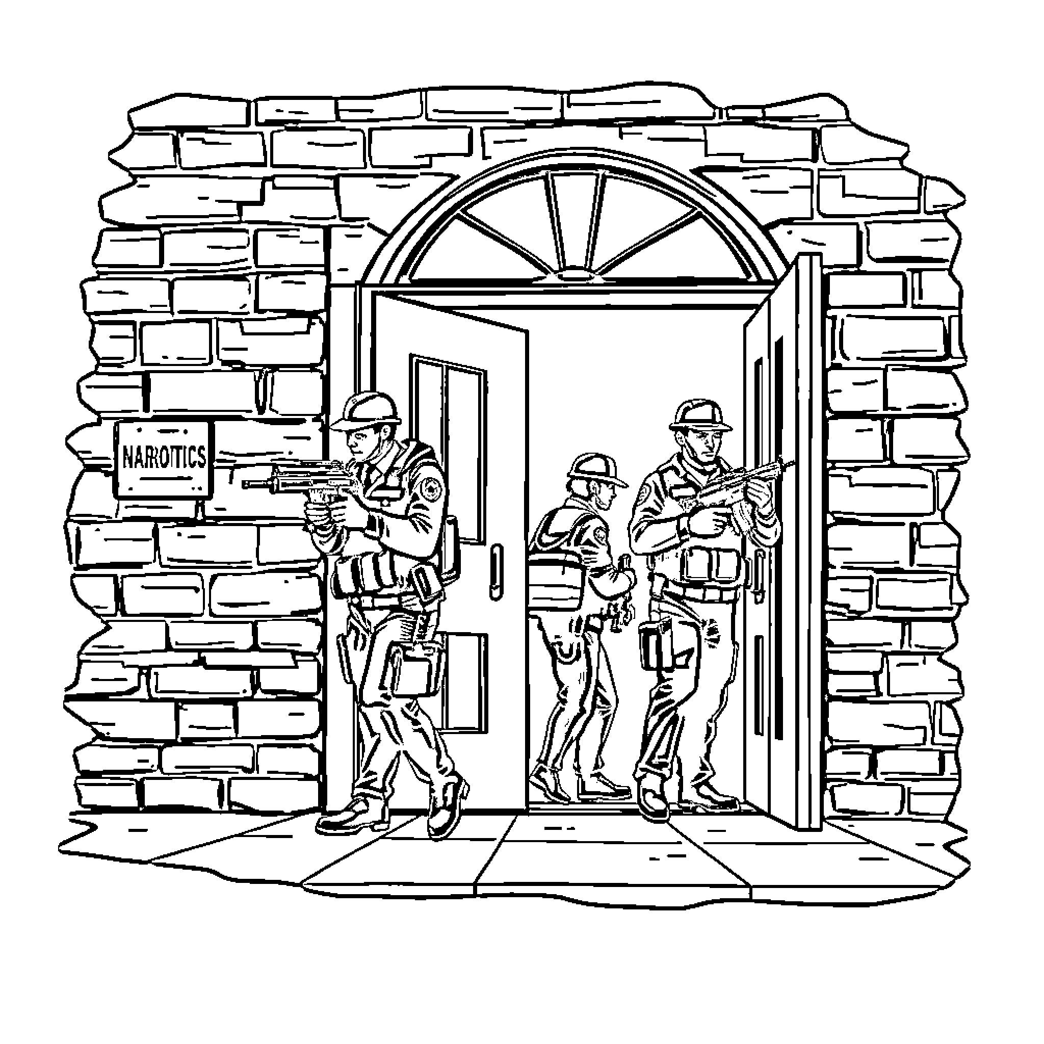 Police Raid on Narcotics Operation Coloring Page (free black-and-white line drawing printable PDF for all, from beginners to advanced learners, including children, teens, adults, and seniors)