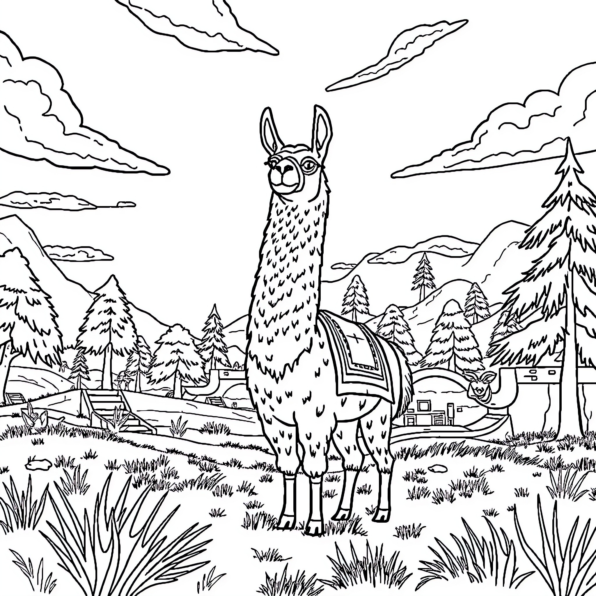 Llama standing in a scenic mountain landscape Coloring Page (free black-and-white line drawing printable PDF for all, from beginners to advanced learners, including children, teens, adults, and seniors)