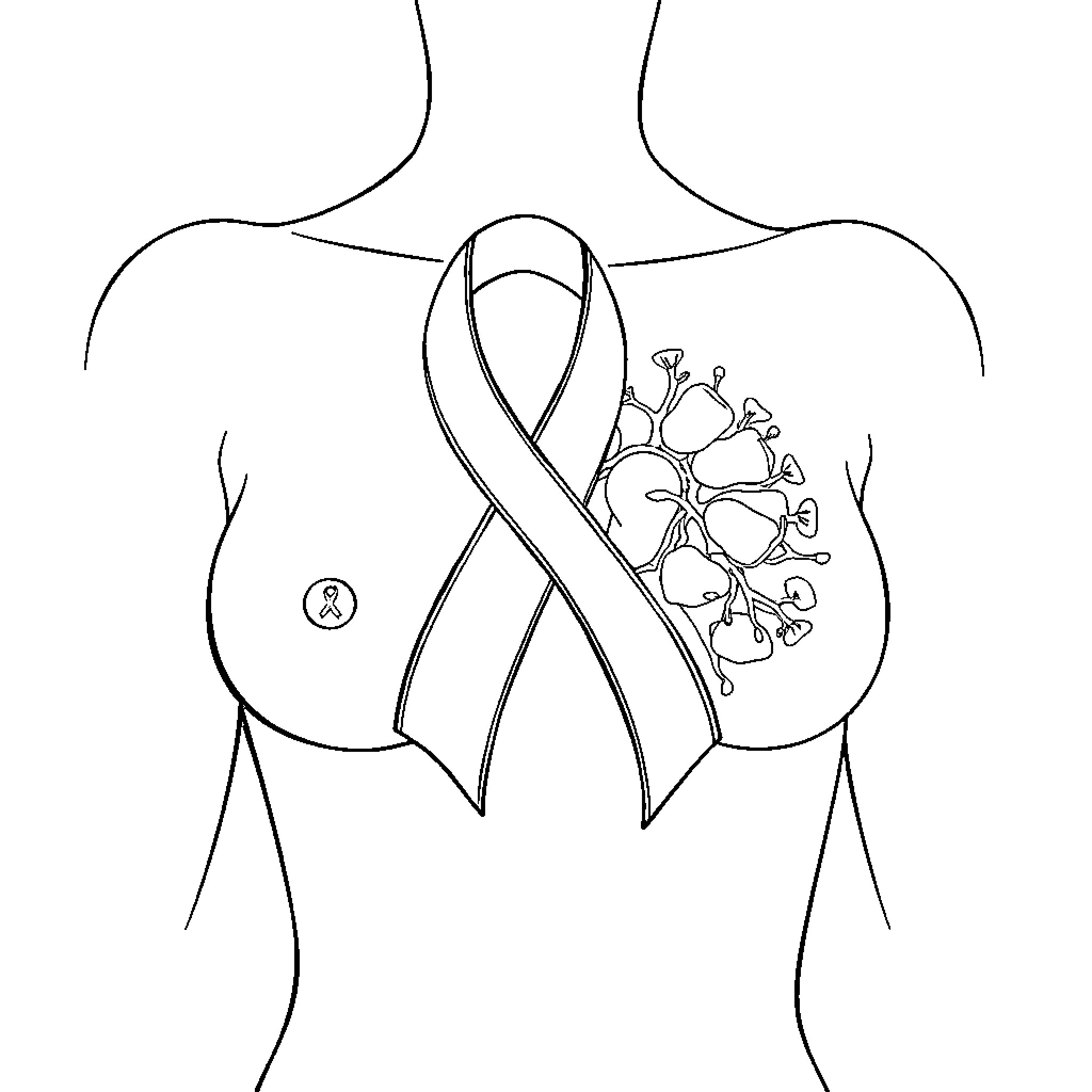 Breast Cancer Awareness Ribbon on Human Form Coloring Page (free black-and-white line drawing printable PDF for all, from beginners to advanced learners, including children, teens, adults, and seniors)