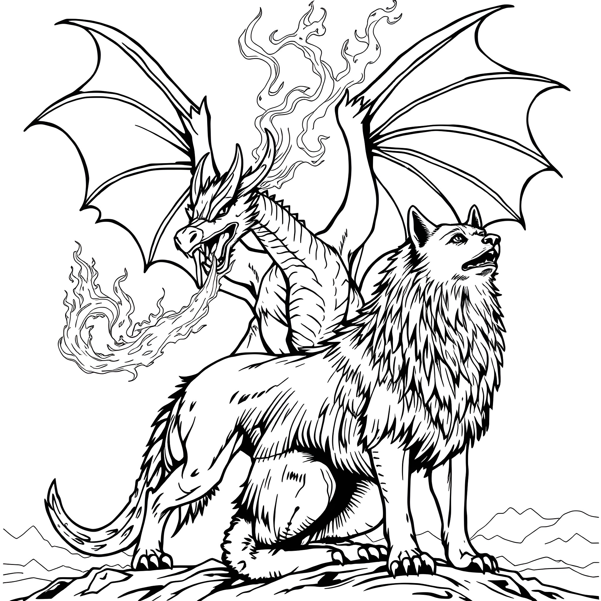 Dragon and Wolf Mythical Creatures Illustration Coloring Page (free black-and-white line drawing printable PDF for all, from beginners to advanced learners, including children, teens, adults, and seniors)