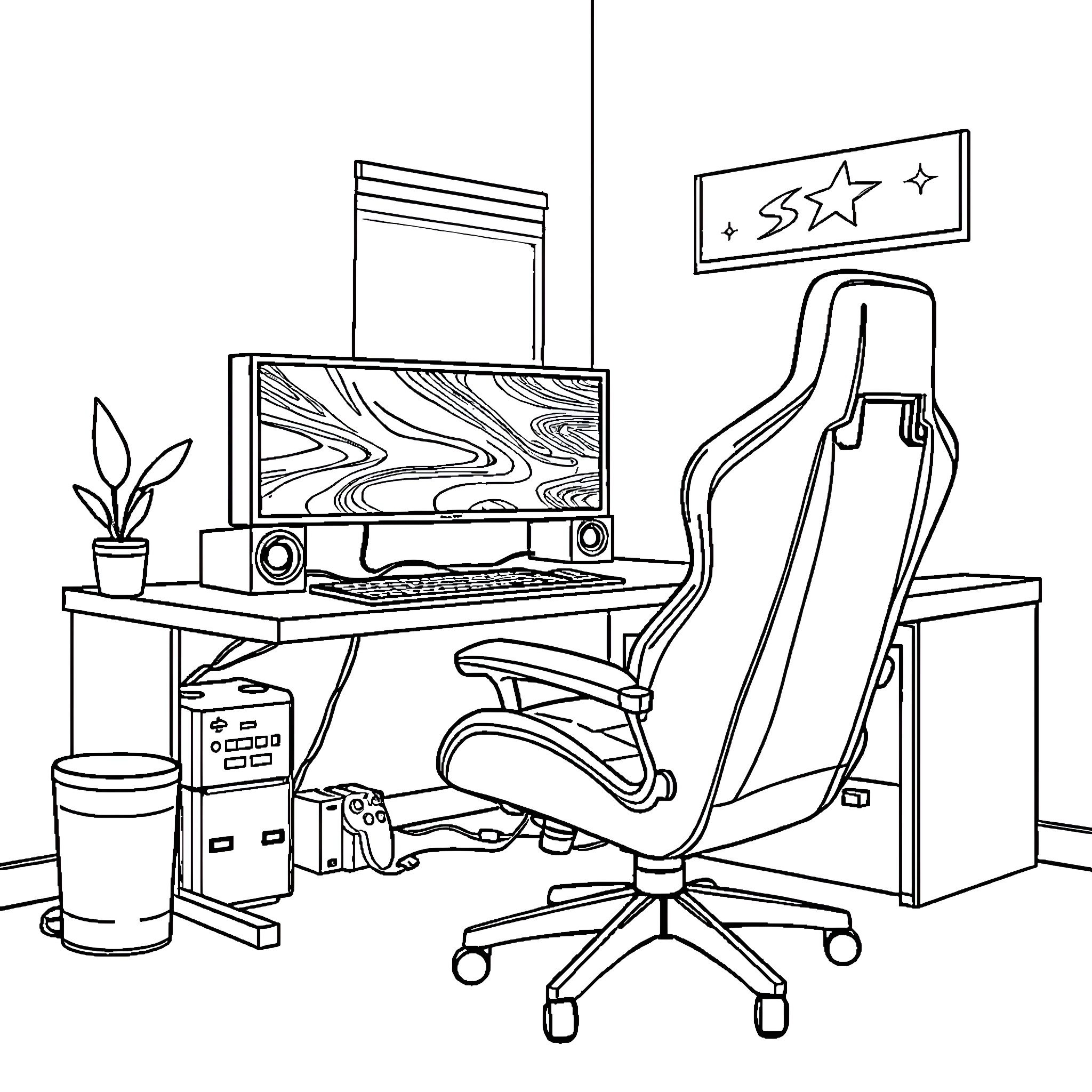 Gaming Setup with Racing Chair and Desk Coloring Page (free black-and-white line drawing printable PDF for all, from beginners to advanced learners, including children, teens, adults, and seniors)