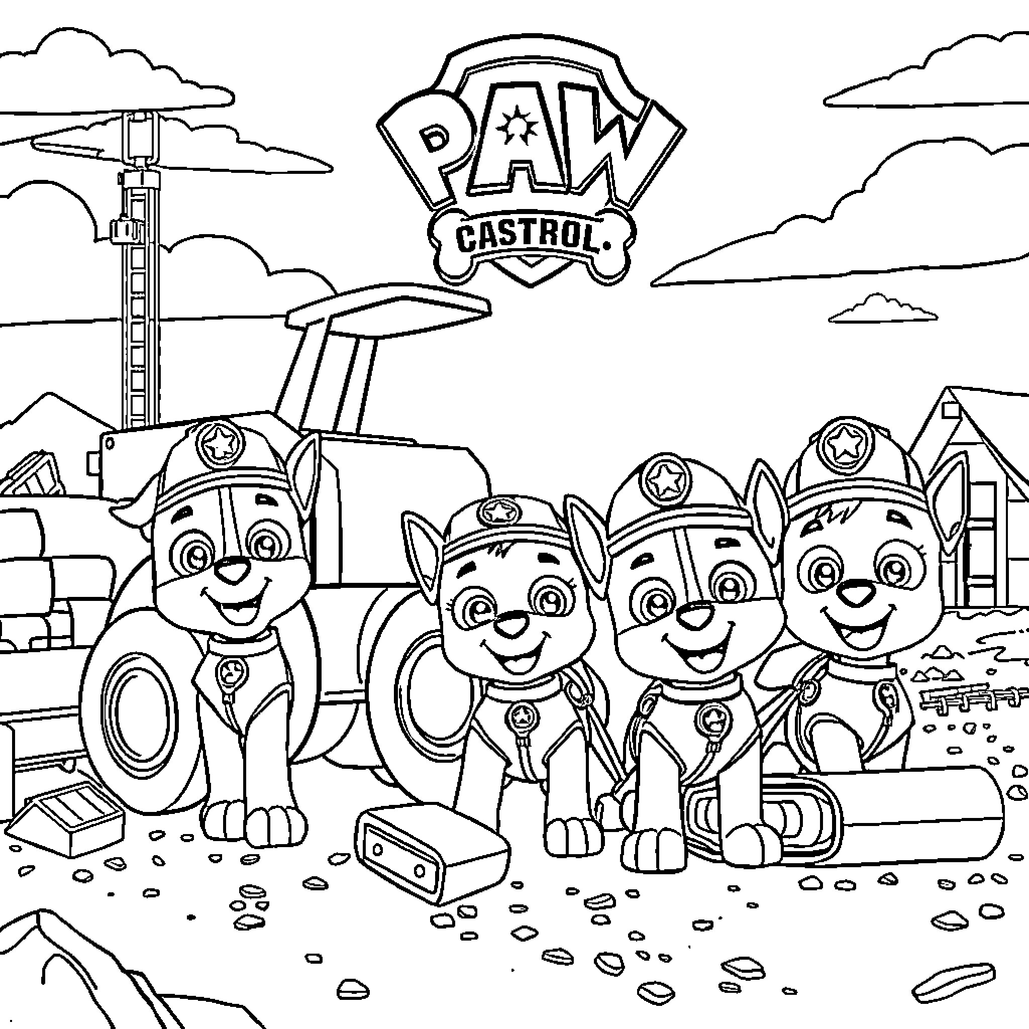Paw Patrol pups on an adventure Coloring Page (free black-and-white line drawing printable PDF for all, from beginners to advanced learners, including children, teens, adults, and seniors)