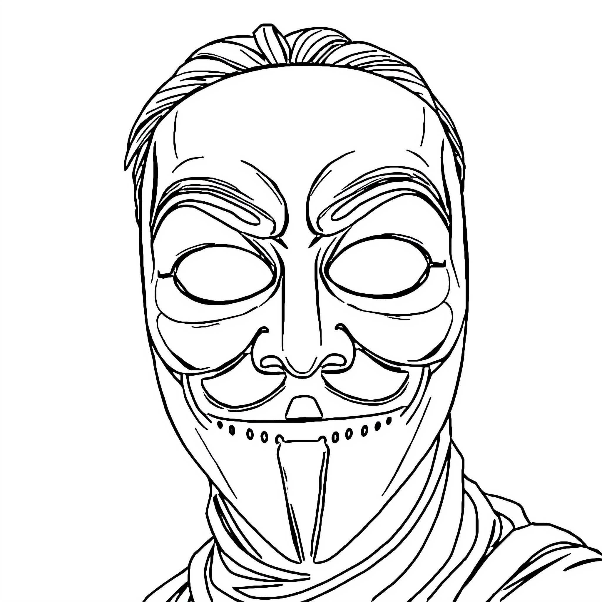 Mask of Anonymous figure with intense expression Coloring Page (free black-and-white line drawing printable PDF for all, from beginners to advanced learners, including children, teens, adults, and seniors)