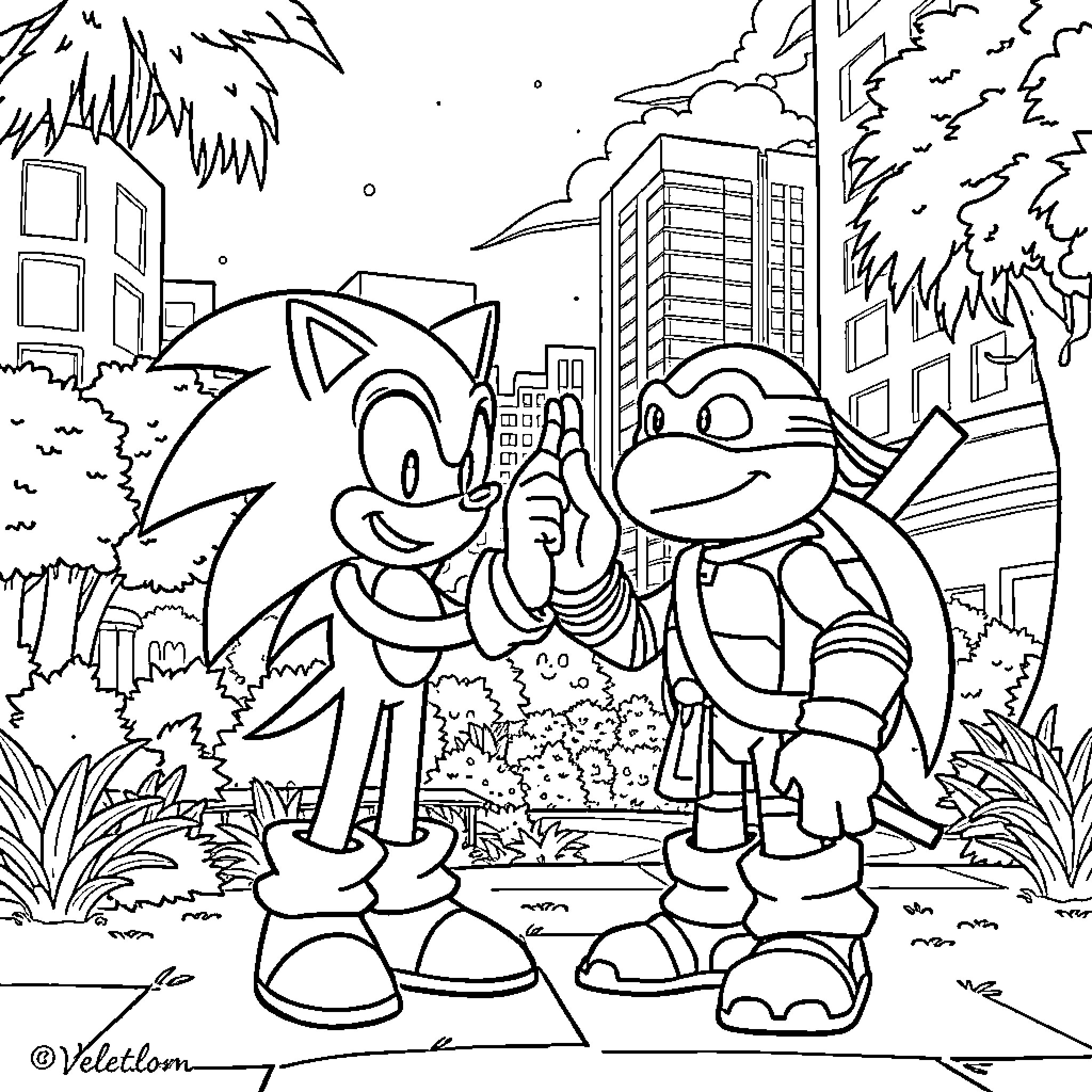 Sonic and Raphael exploring the city together Coloring Page (free black-and-white line drawing printable PDF for all, from beginners to advanced learners, including children, teens, adults, and seniors)