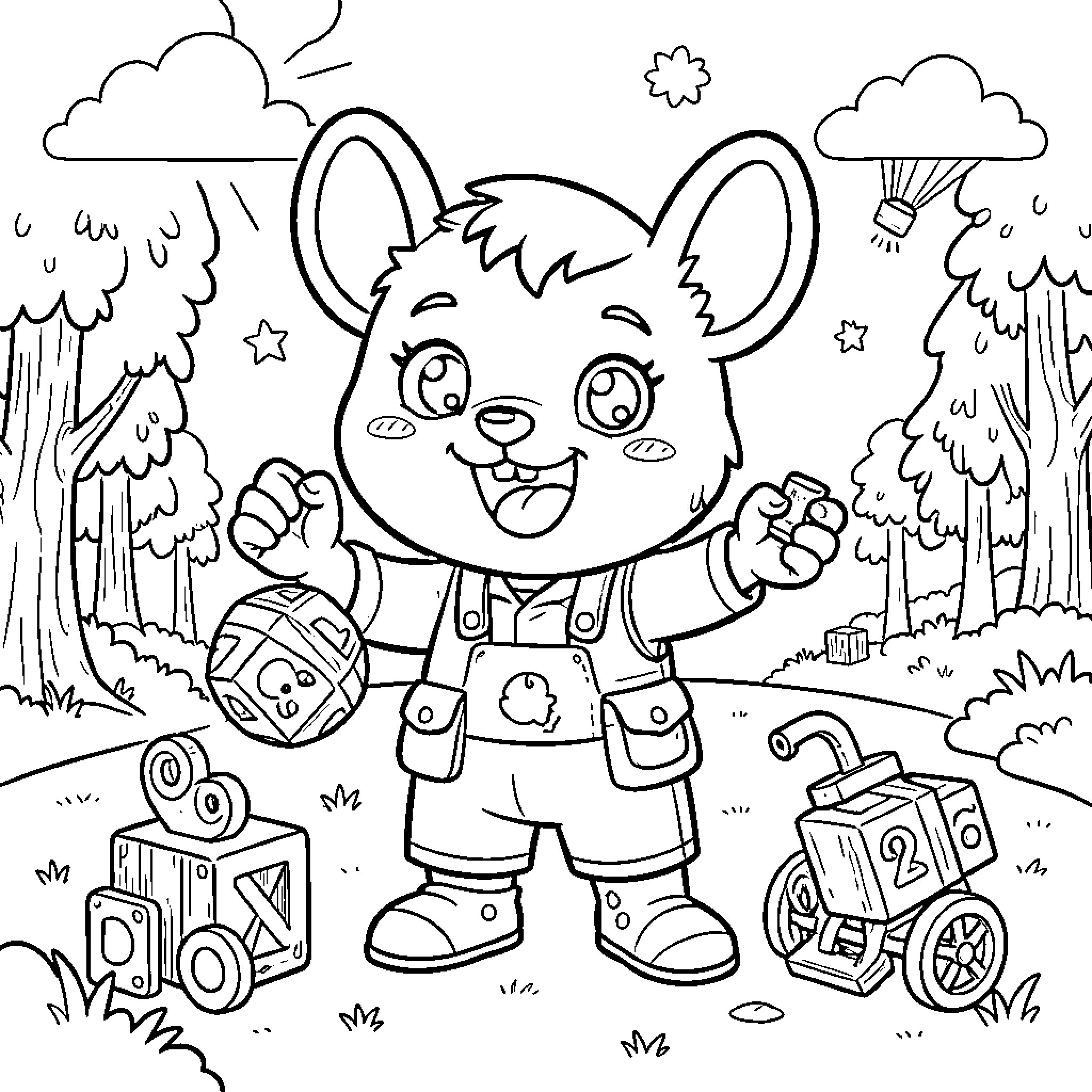 Tchoupie playing with toys in a forest Coloring Page (free black-and-white line drawing printable PDF for all, from beginners to advanced learners, including children, teens, adults, and seniors)