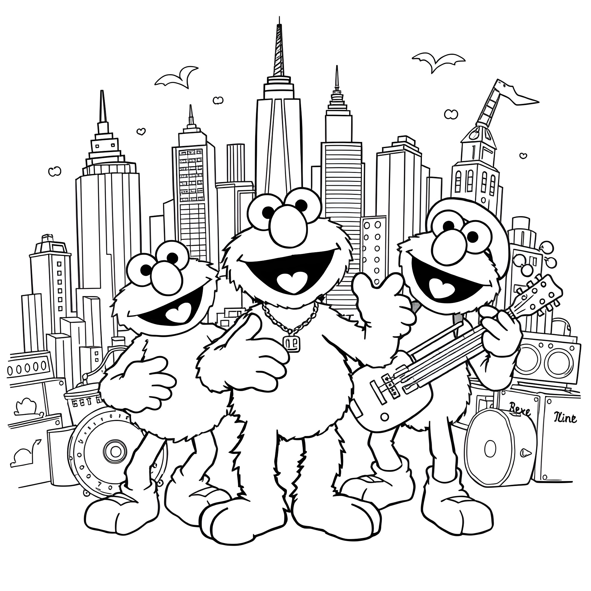 Elmo and friends enjoying the city sights Coloring Page (free black-and-white line drawing printable PDF for all, from beginners to advanced learners, including children, teens, adults, and seniors)