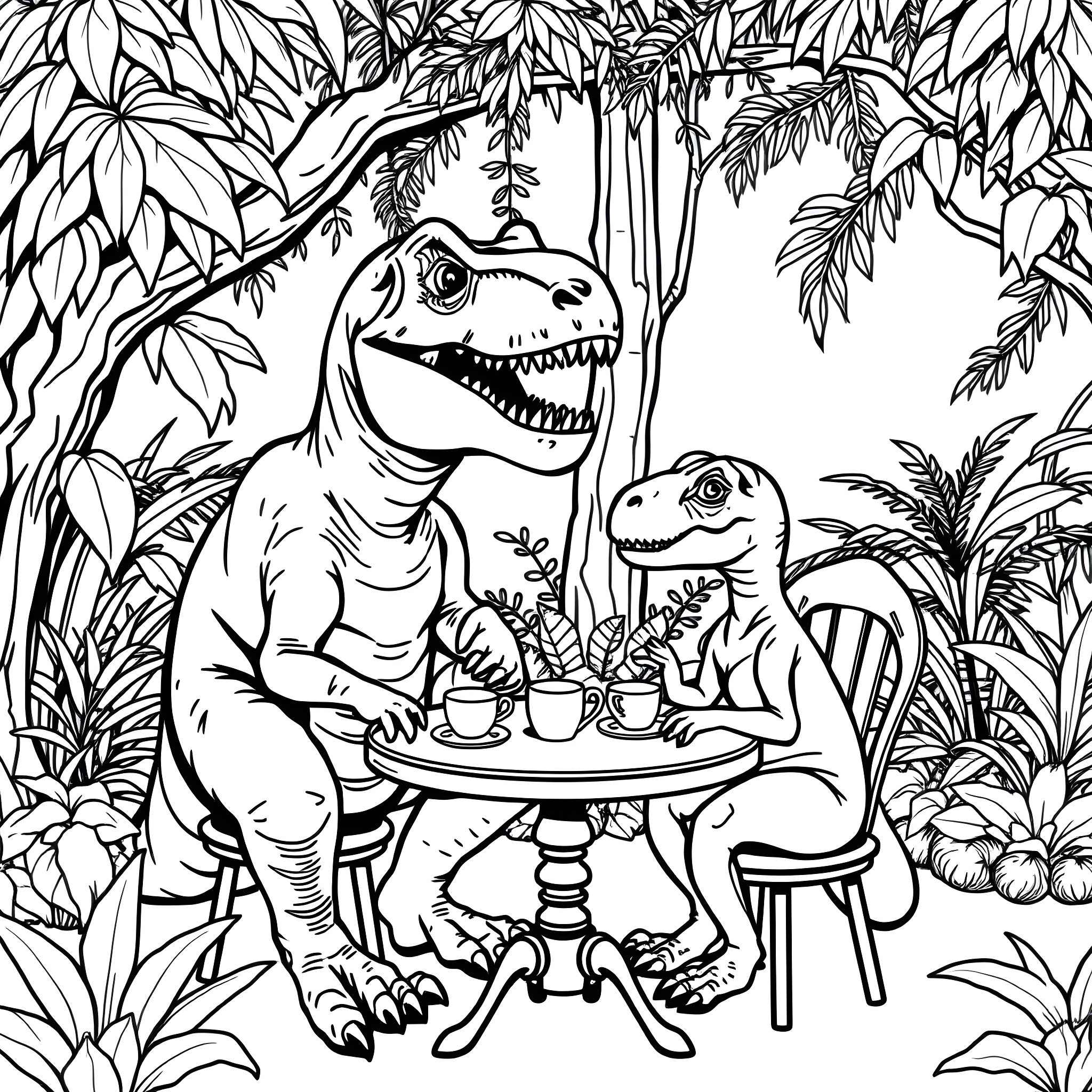 T-Rex having tea with baby dinosaur in the jungle Coloring Page (free black-and-white line drawing printable PDF for all, from beginners to advanced learners, including children, teens, adults, and seniors)