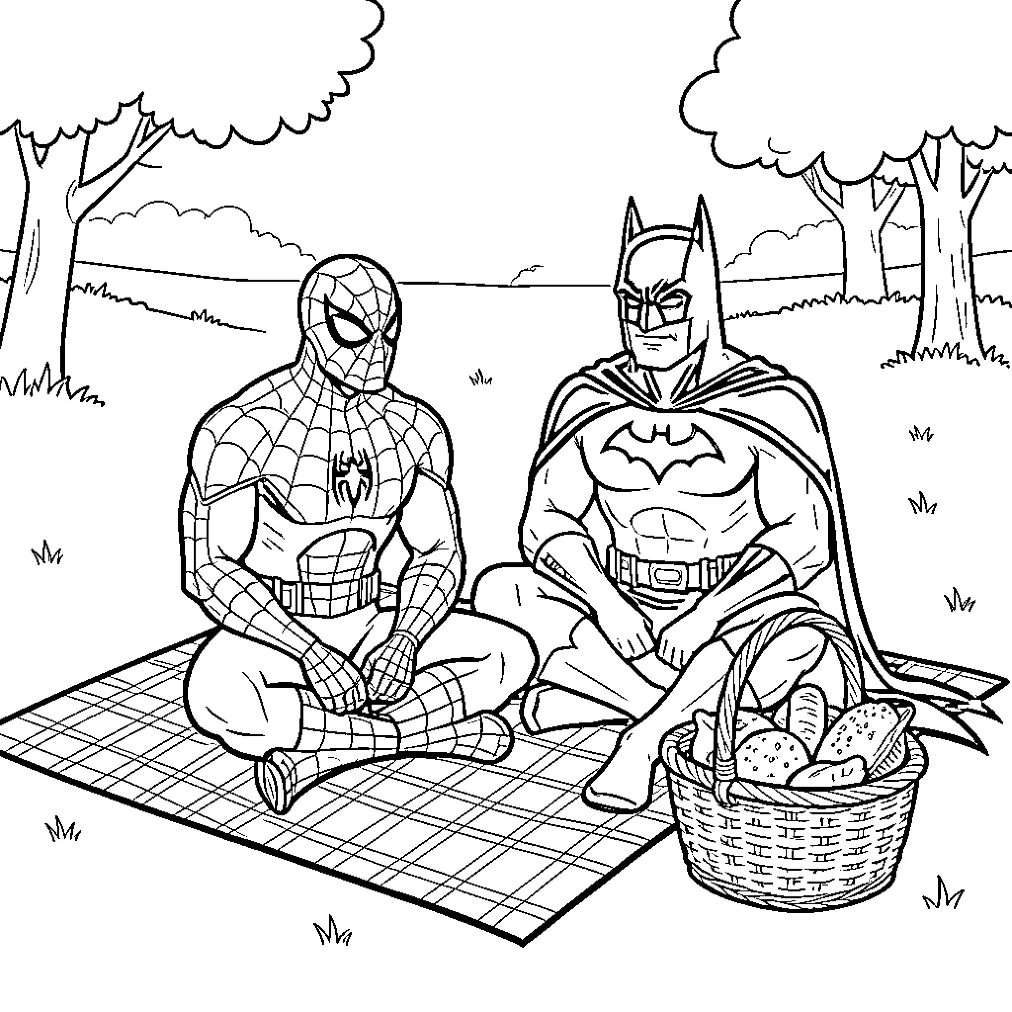 Spiderman and Batman sitting together on a picnic blanket Coloring Page (free black-and-white line drawing printable PDF for all, from beginners to advanced learners, including children, teens, adults, and seniors)