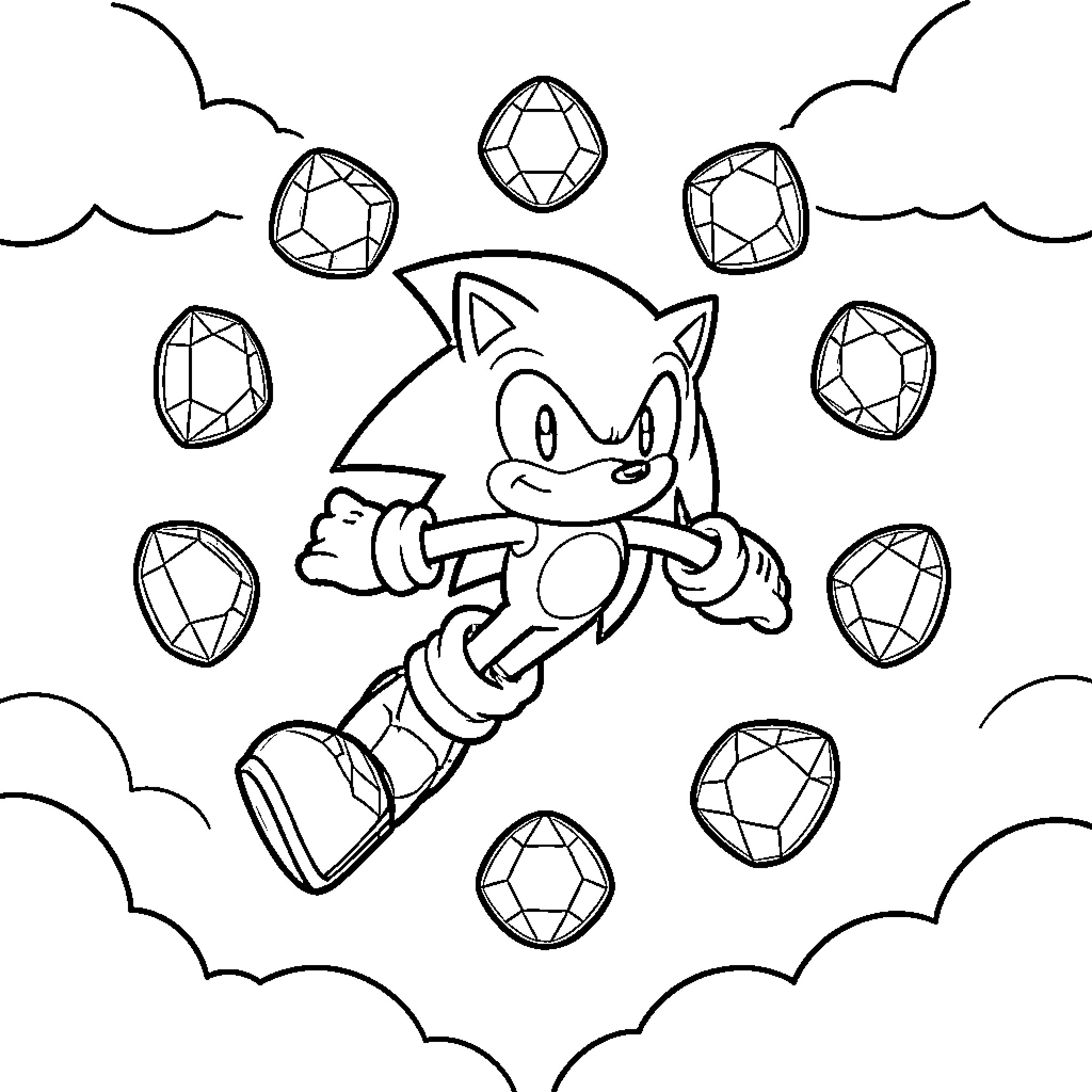 Sonic floating amidst flying gems in the sky Coloring Page (free black-and-white line drawing printable PDF for all, from beginners to advanced learners, including children, teens, adults, and seniors)