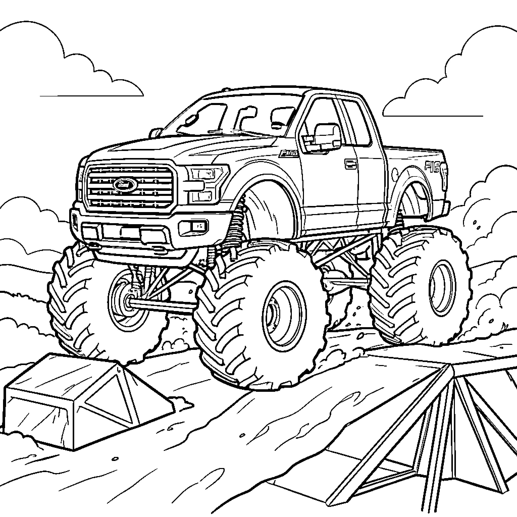 F150 monster truck driving through an obstacle course Coloring Page (free black-and-white line drawing printable PDF for all, from beginners to advanced learners, including children, teens, adults, and seniors)