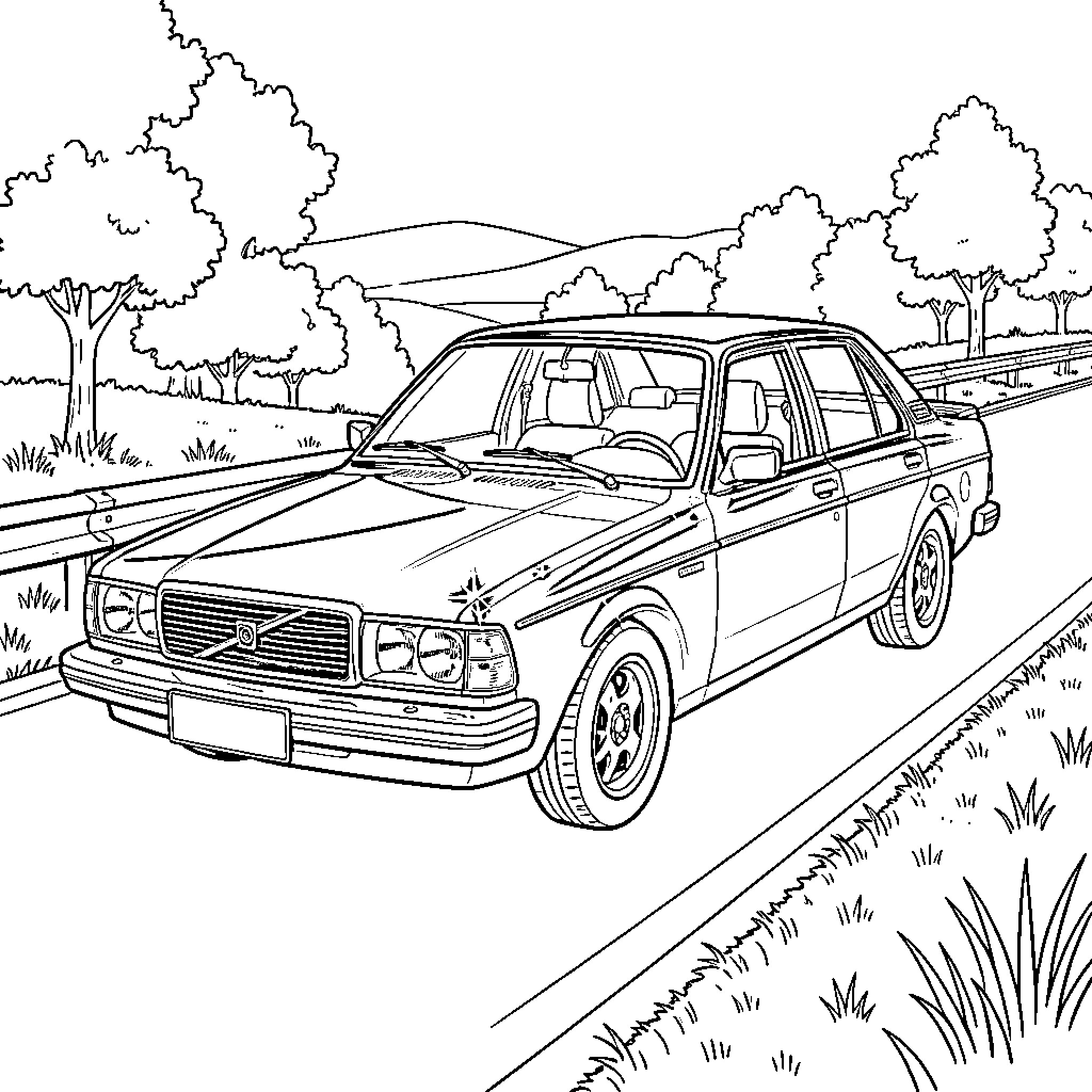 Volvo sedan driving through scenic countryside Coloring Page (free black-and-white line drawing printable PDF for all, from beginners to advanced learners, including children, teens, adults, and seniors)