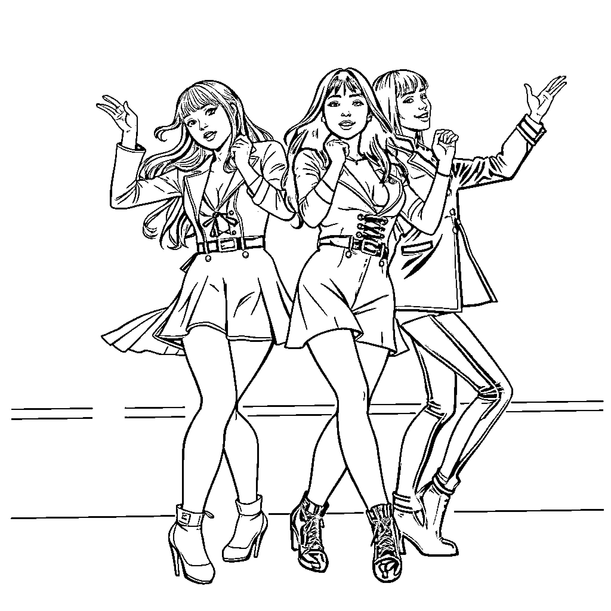 K Pop Warrior Trio Performing on Stage Coloring Page (free black-and-white line drawing printable PDF for all, from beginners to advanced learners, including children, teens, adults, and seniors)