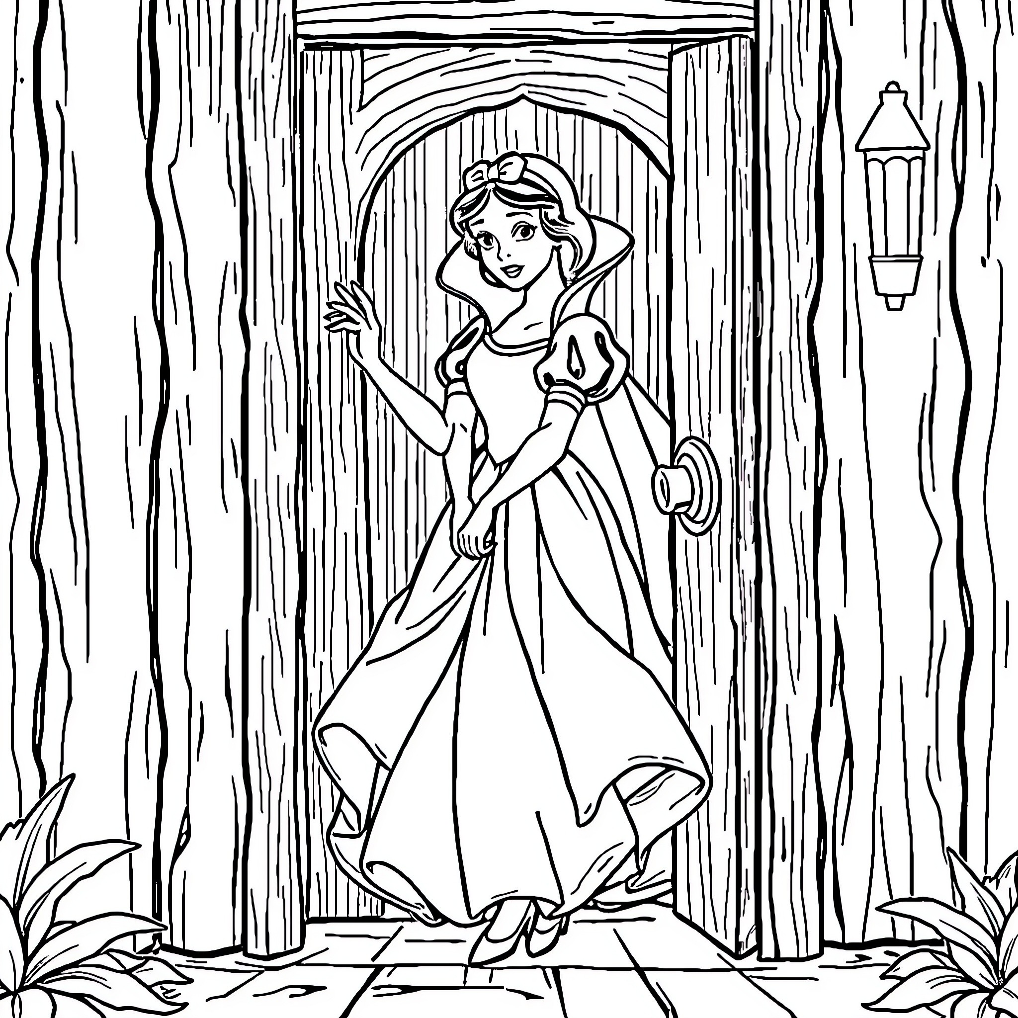 Snow White in a Woodland Scene Coloring Page (free black-and-white line drawing printable PDF for all, from beginners to advanced learners, including children, teens, adults, and seniors)