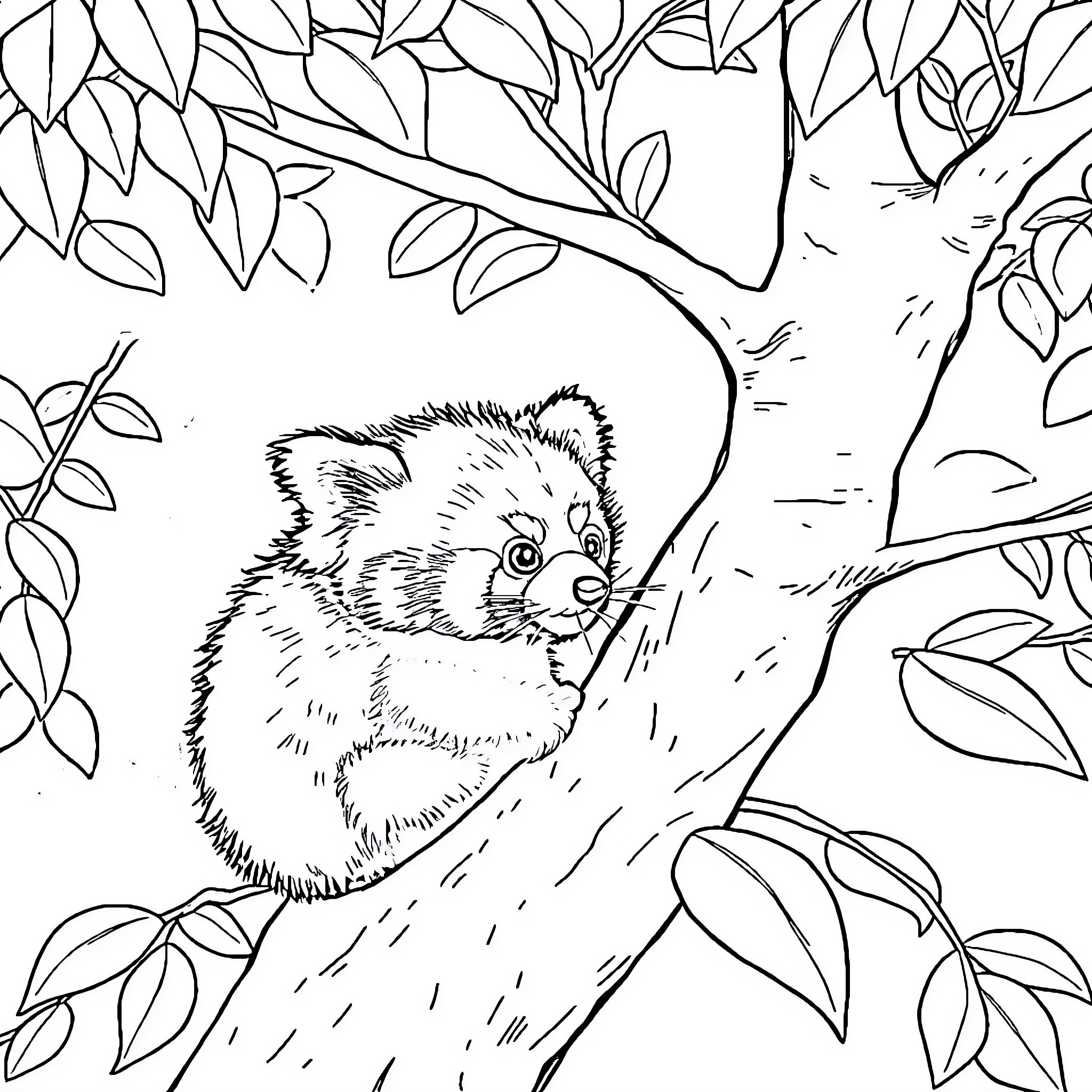 Panda resting on tree branch in forest Coloring Page (free black-and-white line drawing printable PDF for all, from beginners to advanced learners, including children, teens, adults, and seniors)