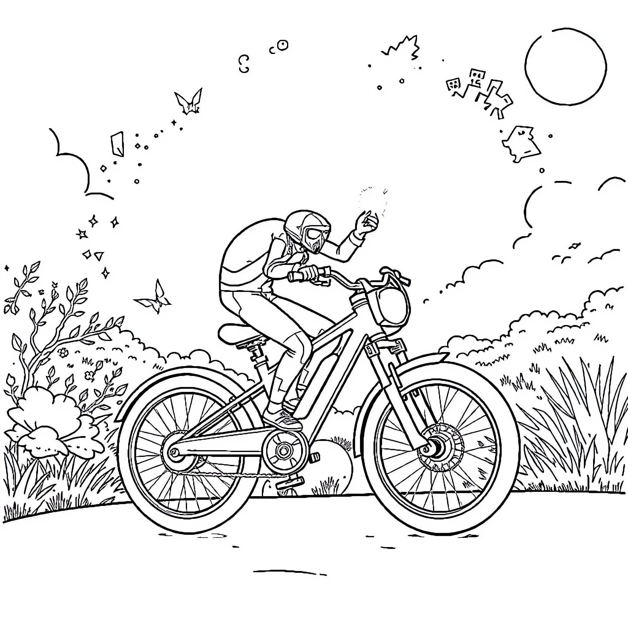 Spider Rider Cycling Through Whimsical Landscape Coloring Page (free black-and-white line drawing printable PDF for all, from beginners to advanced learners, including children, teens, adults, and seniors)