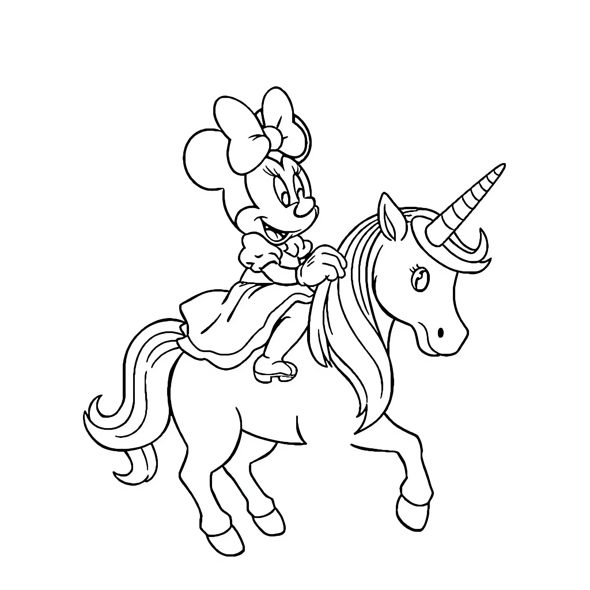 Minnie Mouse riding a unicorn Coloring Page (free black-and-white line drawing printable PDF for all, from beginners to advanced learners, including children, teens, adults, and seniors)