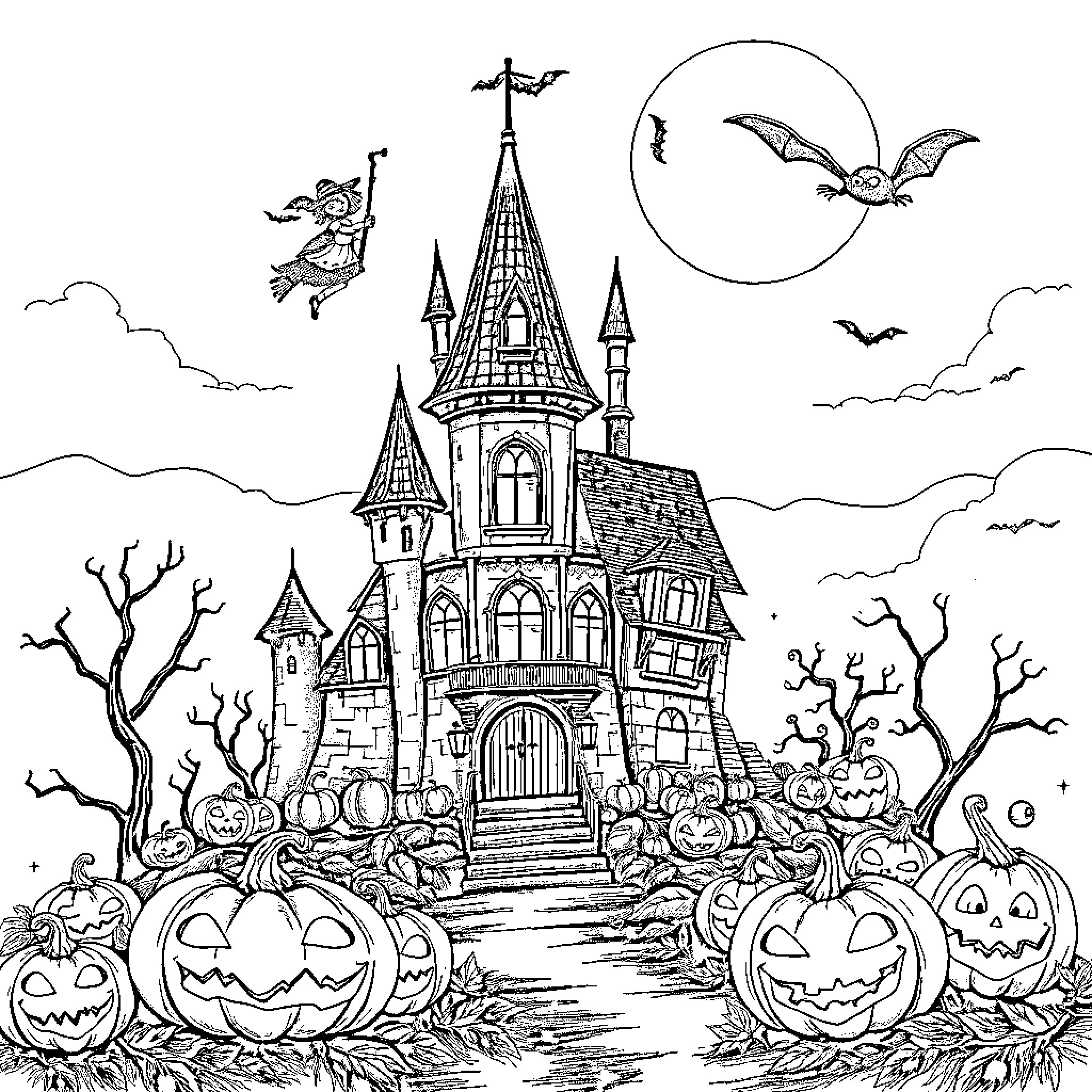 Halloween Haunted Castle with Spooky Pumpkins and Bats Coloring Page (free black-and-white line drawing printable PDF for all, from beginners to advanced learners, including children, teens, adults, and seniors)