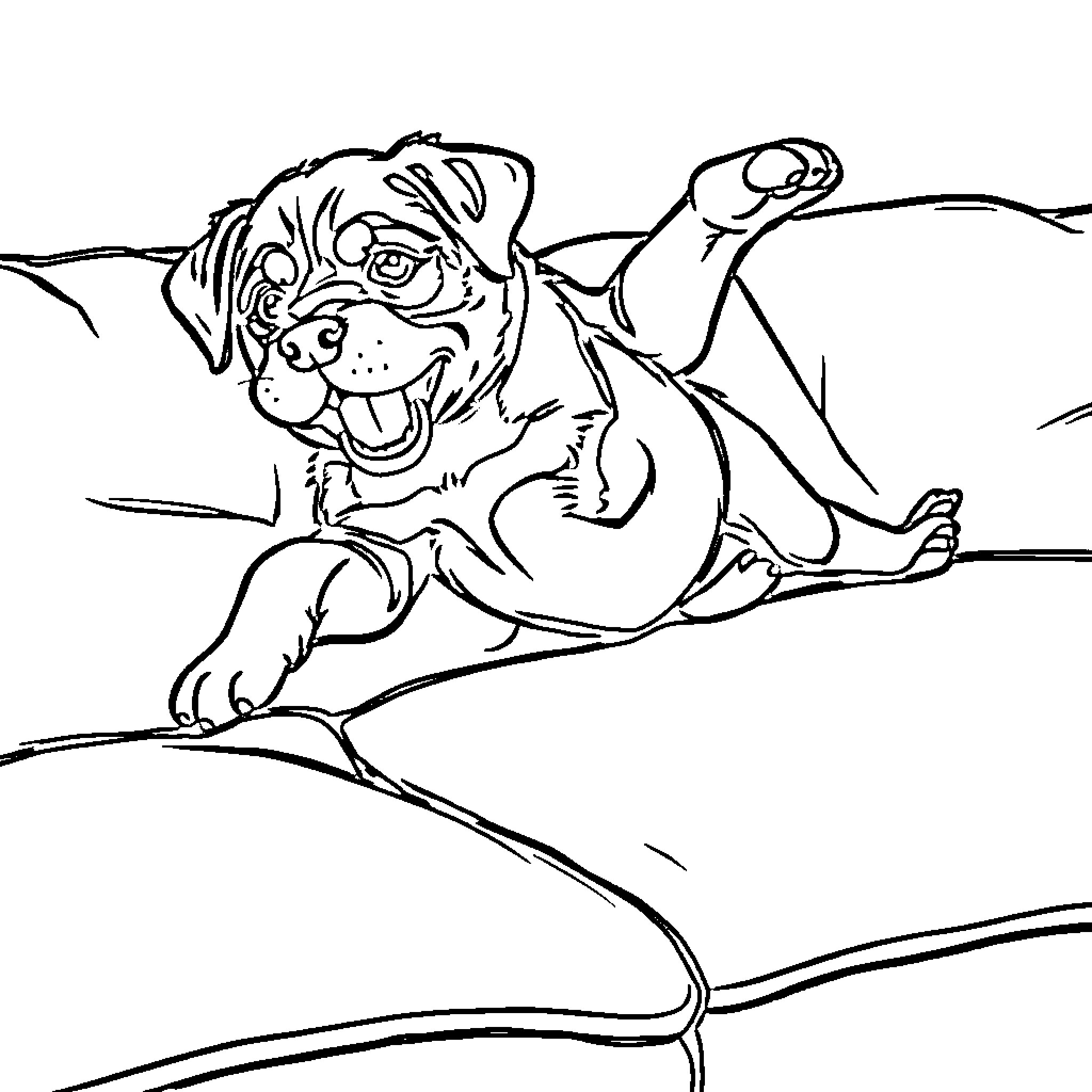 Rottweiler playing energetically on the ground Coloring Page (free black-and-white line drawing printable PDF for all, from beginners to advanced learners, including children, teens, adults, and seniors)
