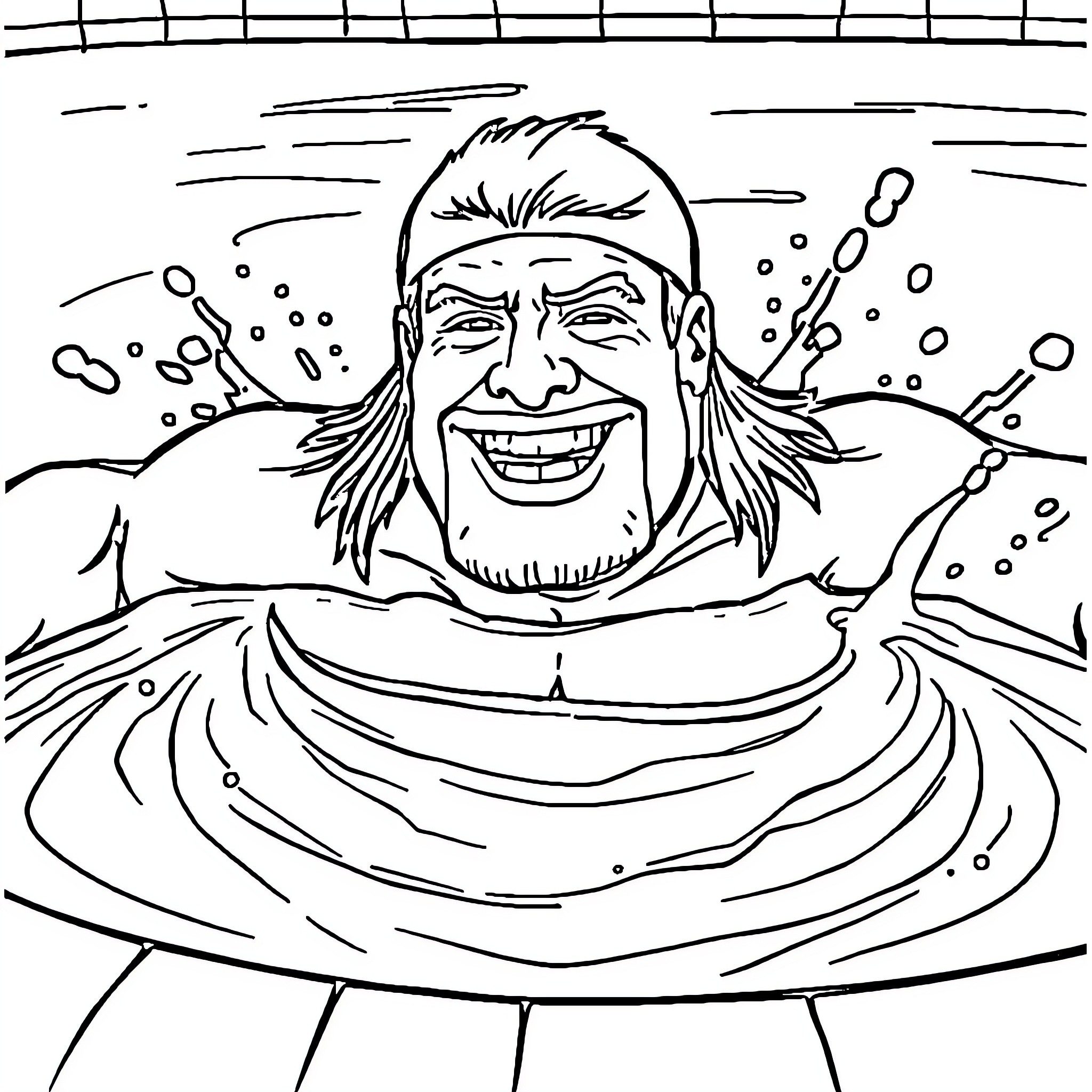 Hulk Hogan in a bubbly swimming pool Coloring Page (free black-and-white line drawing printable PDF for all, from beginners to advanced learners, including children, teens, adults, and seniors)