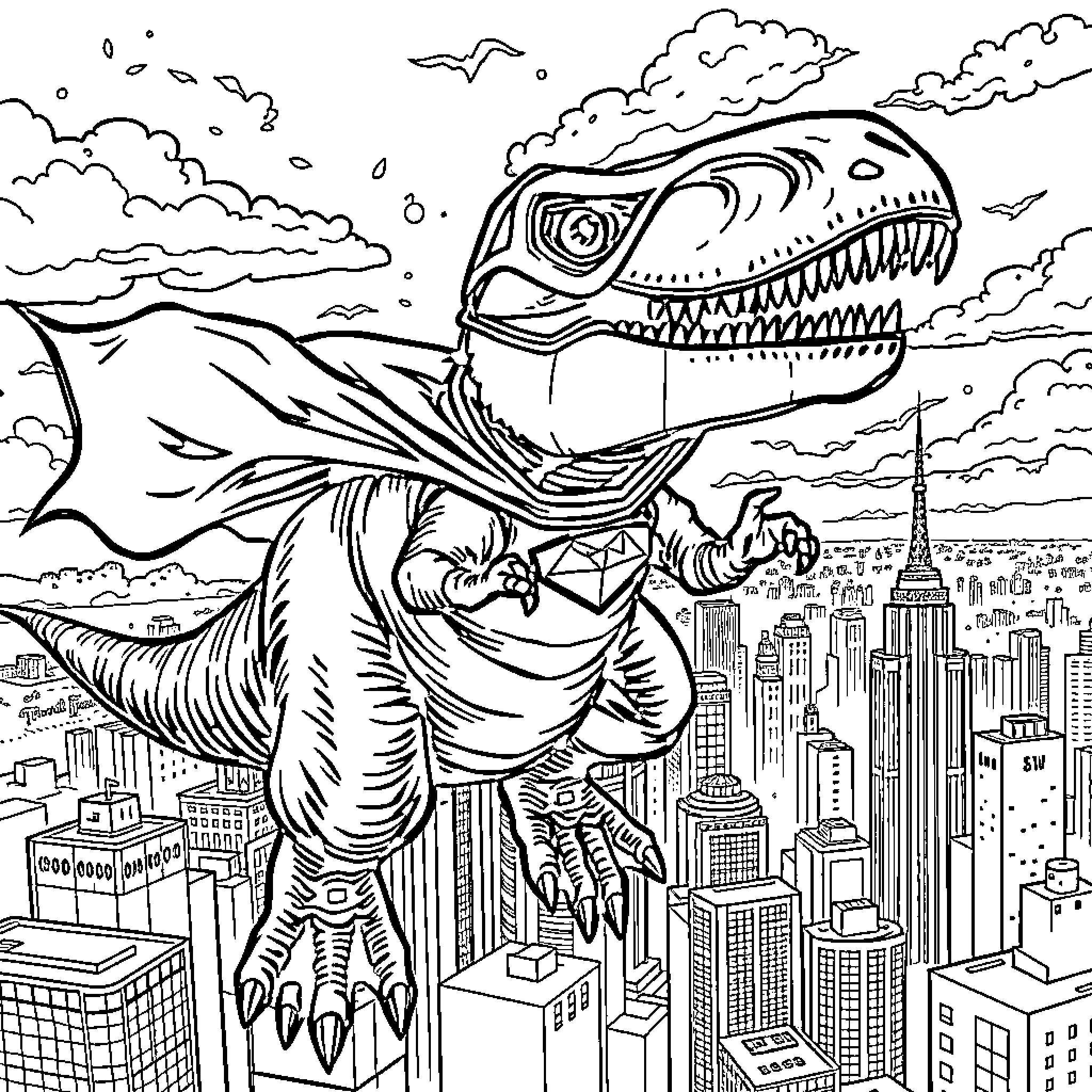 T-Rex Rampaging Through the City Skyline Coloring Page (free black-and-white line drawing printable PDF for all, from beginners to advanced learners, including children, teens, adults, and seniors)