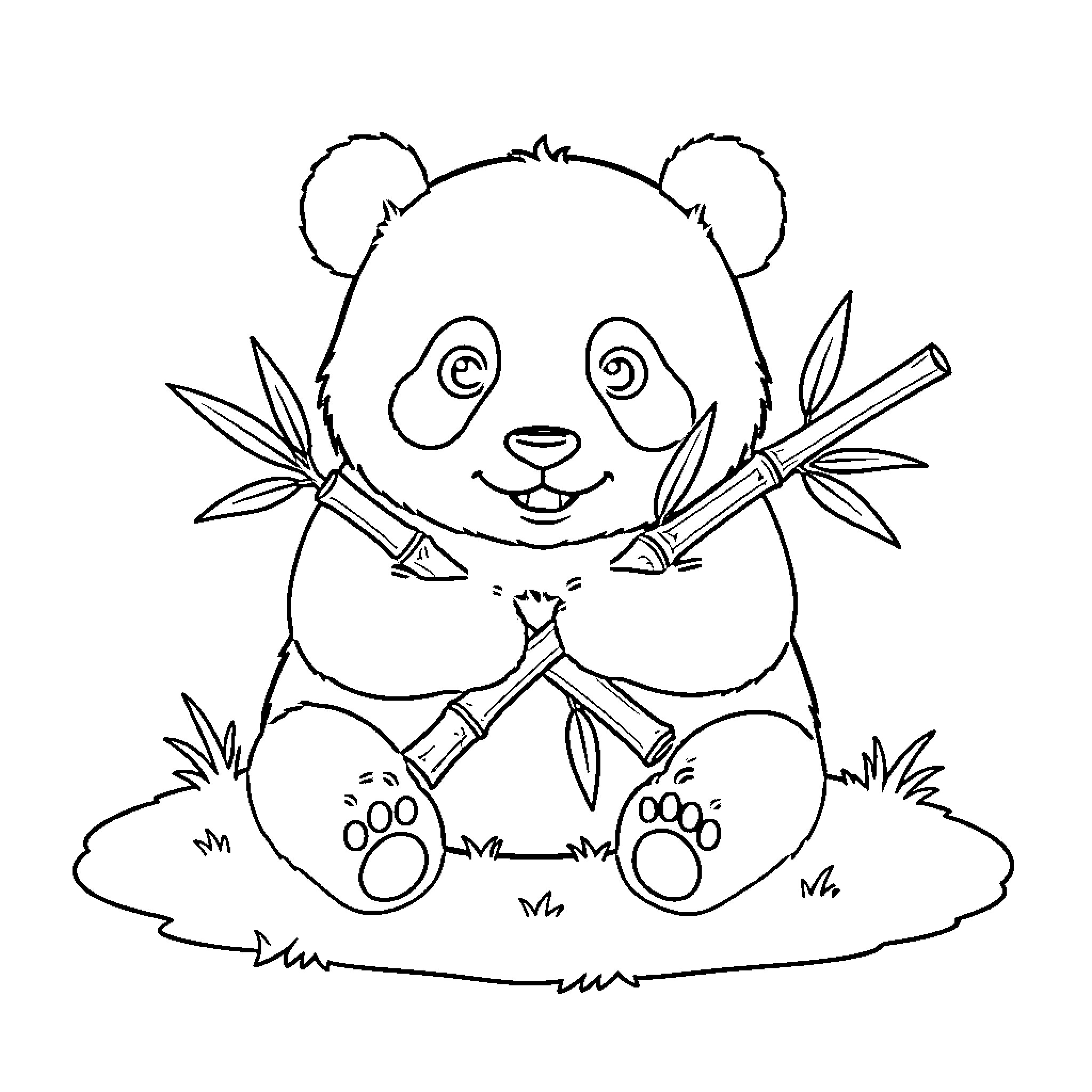 Panda playing with bamboo in the wild Coloring Page (free black-and-white line drawing printable PDF for all, from beginners to advanced learners, including children, teens, adults, and seniors)
