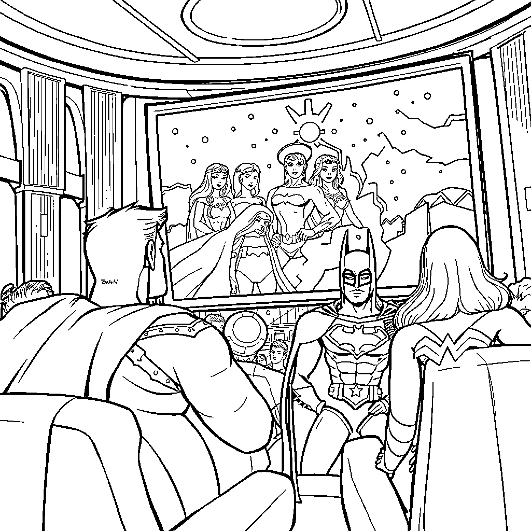 Justice League heroic pose and action in the hall Coloring Page (free black-and-white line drawing printable PDF for all, from beginners to advanced learners, including children, teens, adults, and seniors)