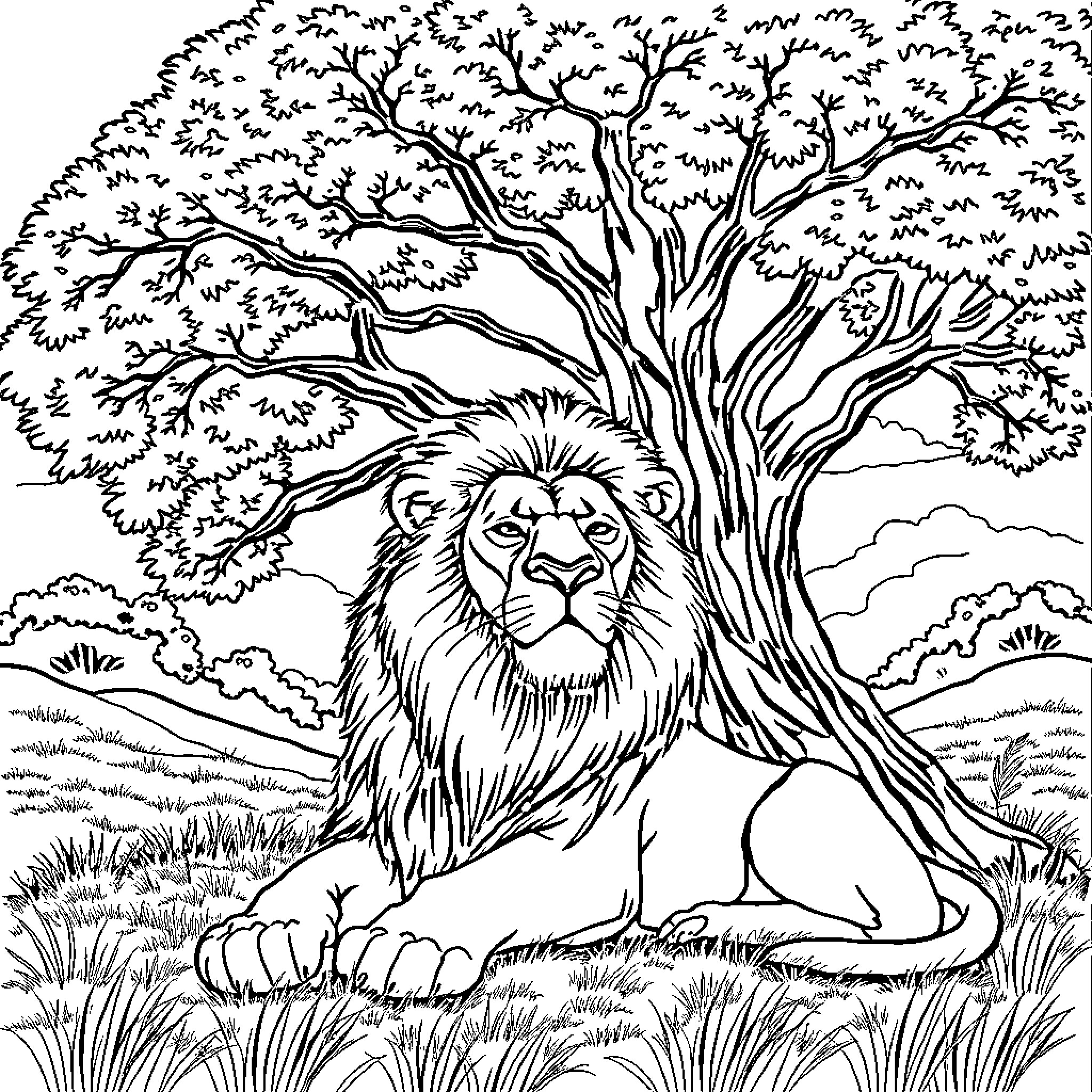Lion resting under a large tree in the wild Coloring Page (free black-and-white line drawing printable PDF for all, from beginners to advanced learners, including children, teens, adults, and seniors)