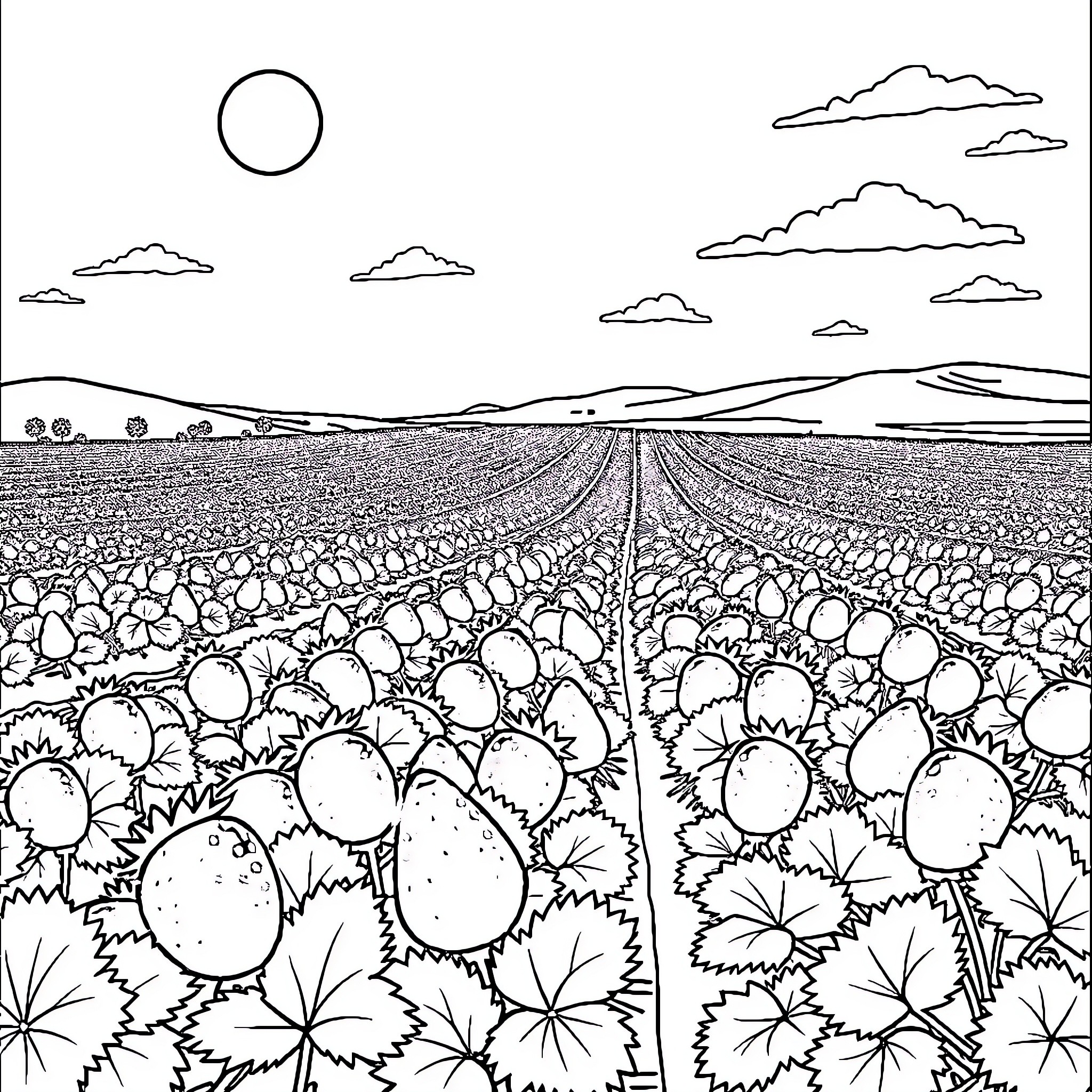 Strawberry field with scenic landscape Coloring Page (free black-and-white line drawing printable PDF for all, from beginners to advanced learners, including children, teens, adults, and seniors)