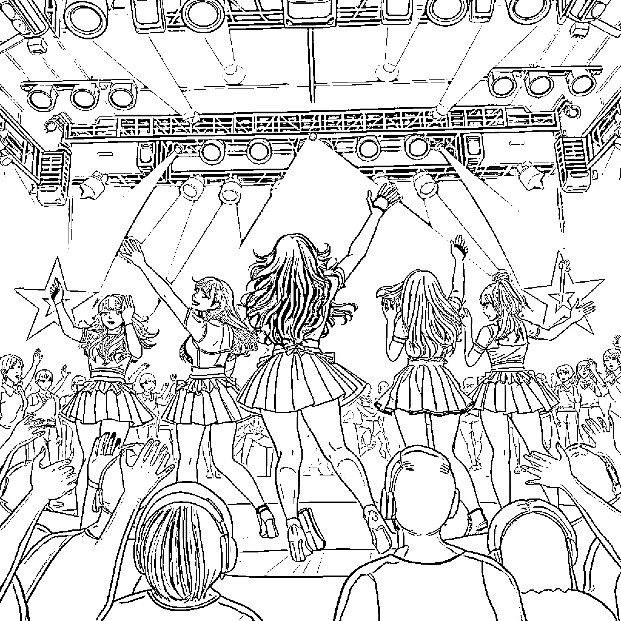 K-Pop Warriors Performing on Stage with Enthusiasm Coloring Page (free black-and-white line drawing printable PDF for all, from beginners to advanced learners, including children, teens, adults, and seniors)