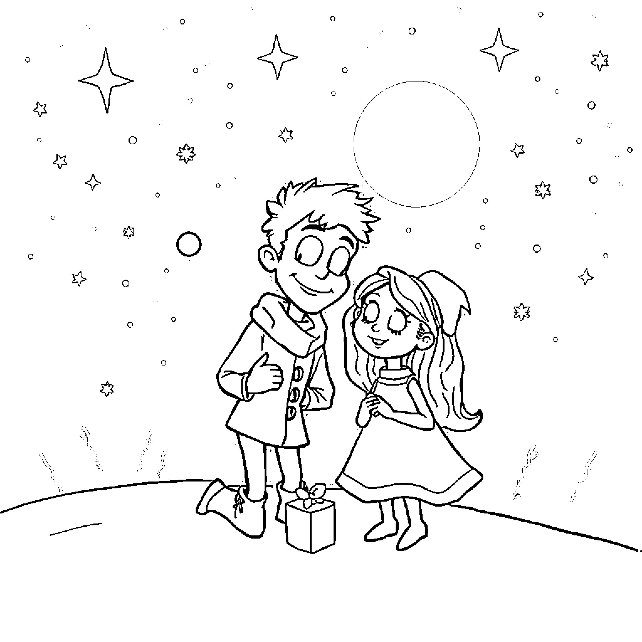 Jack and Sally under the starry night sky Coloring Page (free black-and-white line drawing printable PDF for all, from beginners to advanced learners, including children, teens, adults, and seniors)