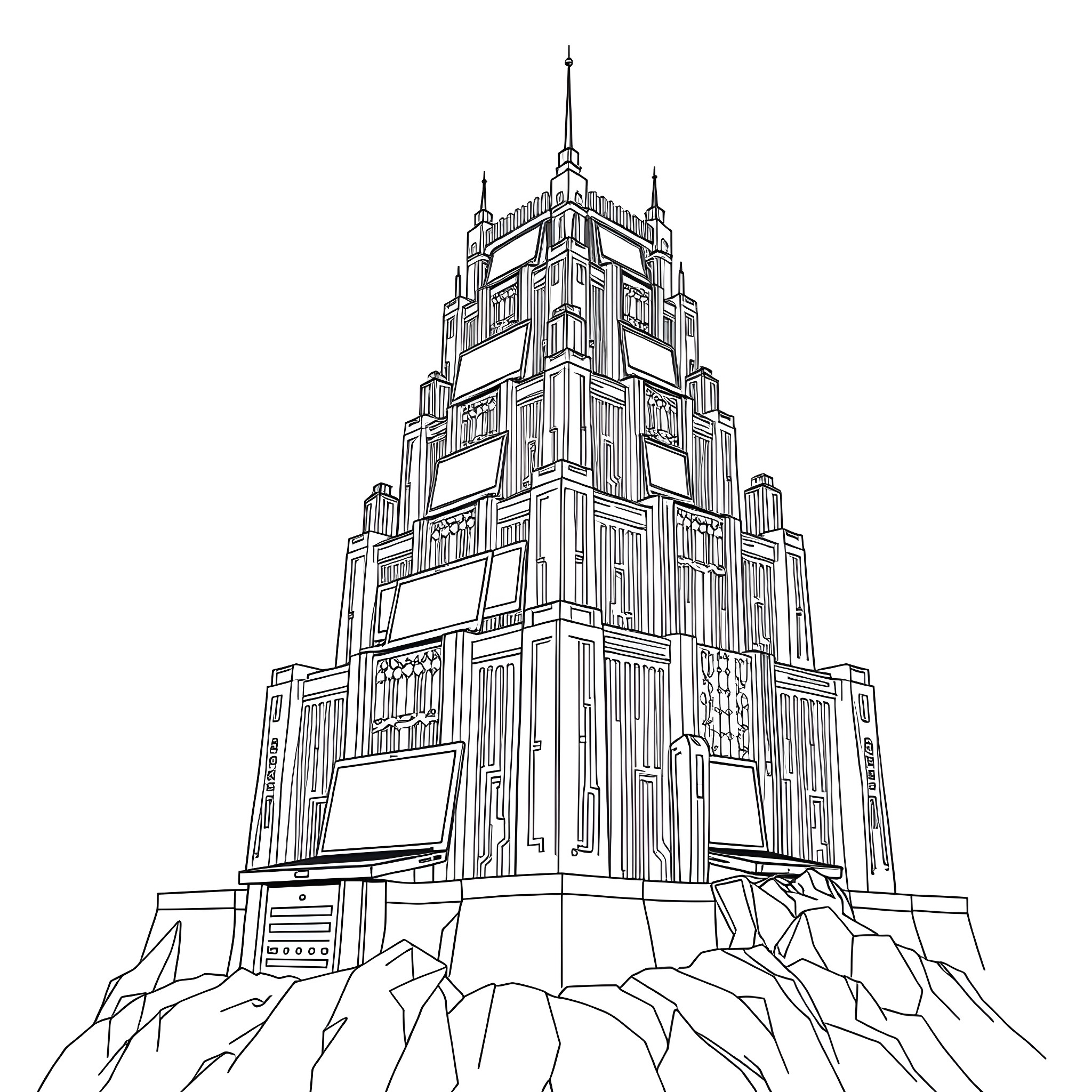 Laptop on majestic architectural landmark Coloring Page (free black-and-white line drawing printable PDF for all, from beginners to advanced learners, including children, teens, adults, and seniors)
