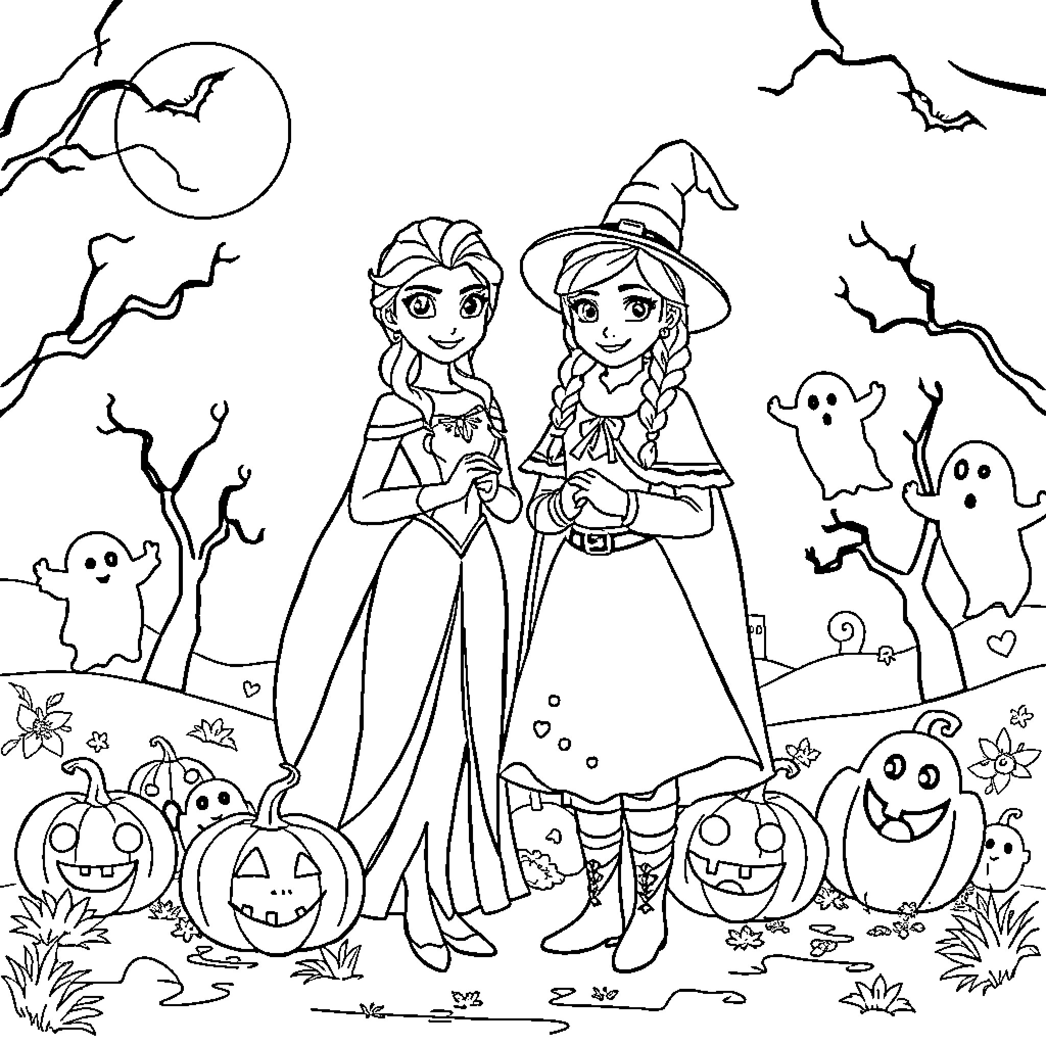 Elsa and Anna Trick-or-Treating in a Spooky Halloween Scene Coloring Page (free black-and-white line drawing printable PDF for all, from beginners to advanced learners, including children, teens, adults, and seniors)